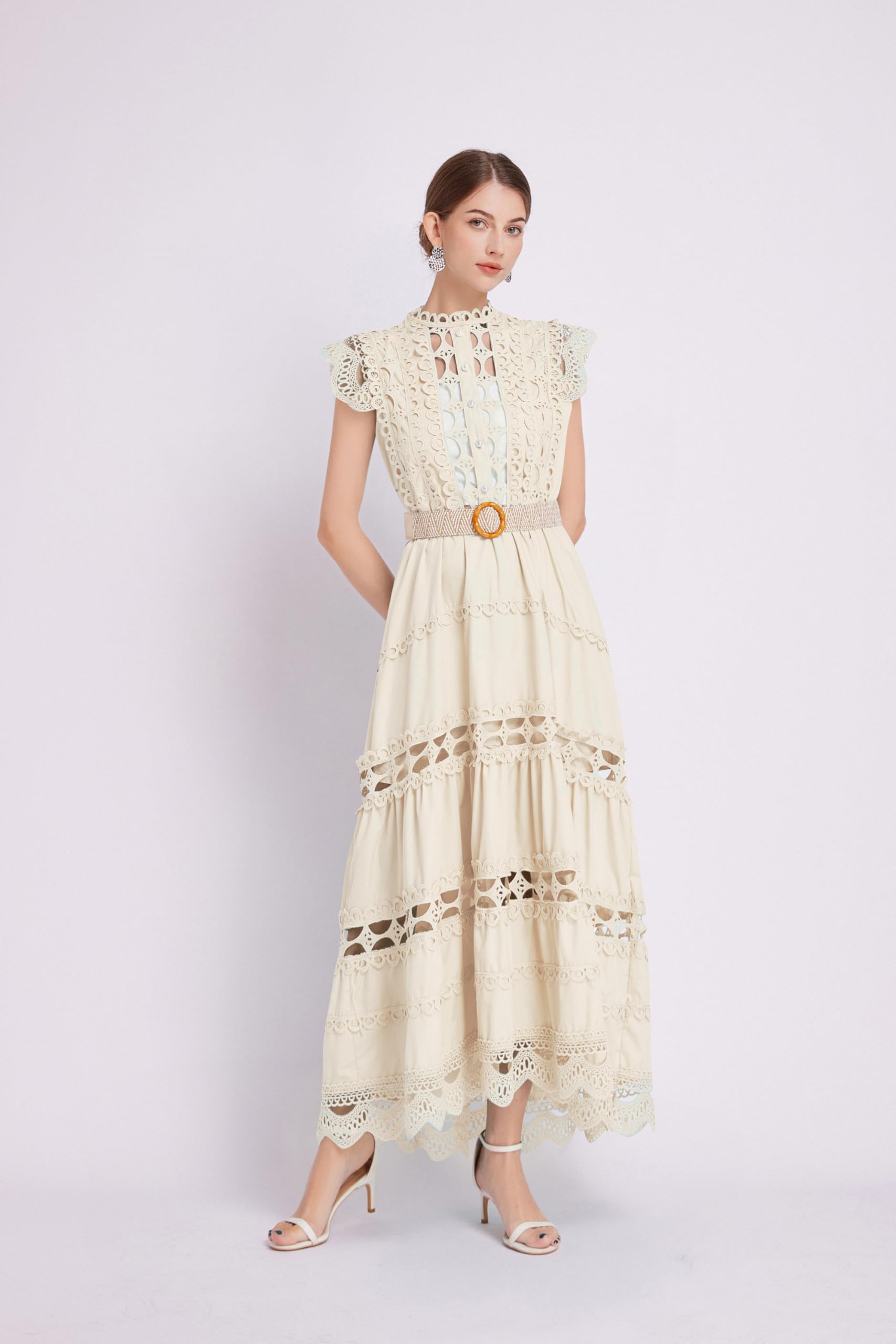 BK-Womens Lace Hollow Ruffled  Maxi  Dress - LAI MENG FIVE CATS