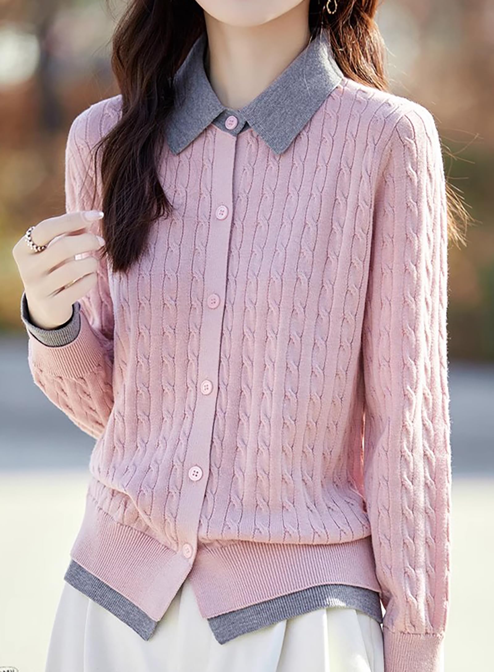 Knit Button Patchwork Pullover Fall Outfits - LAI MENG FIVE CATS