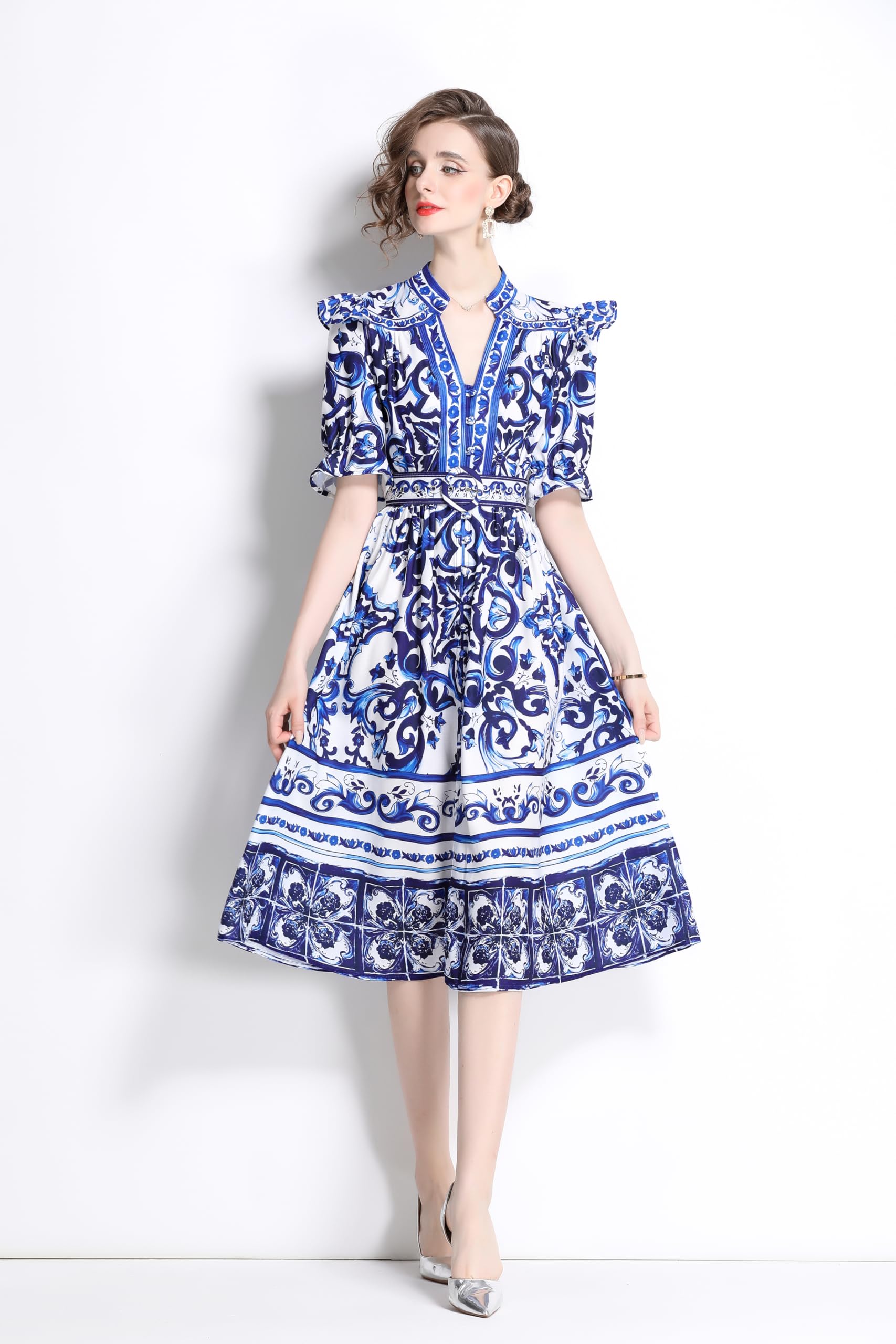 BK-Short Puff Sleeve Floral Midi Dress - LAI MENG FIVE CATS