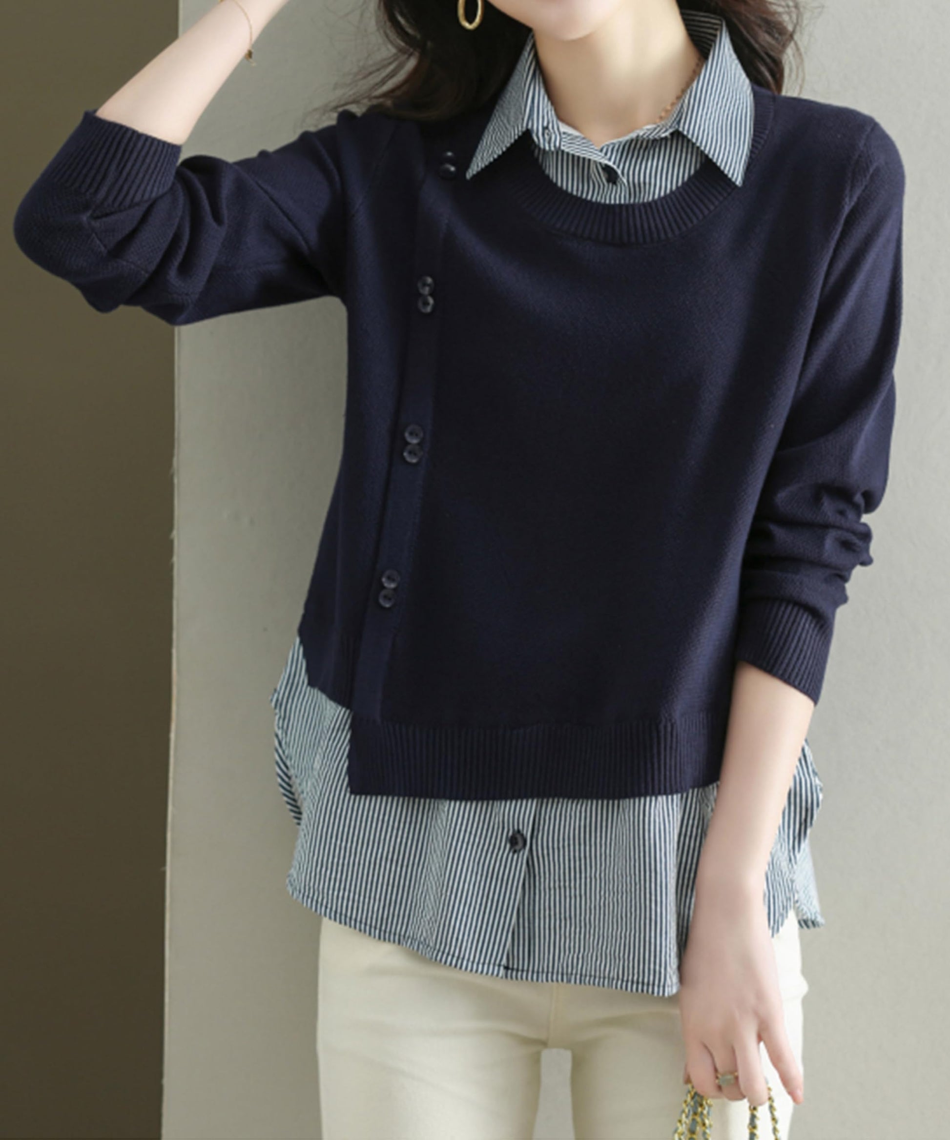 Womens Knit Long Sleeve Patchwork Blouse Tops - LAI MENG FIVE CATS