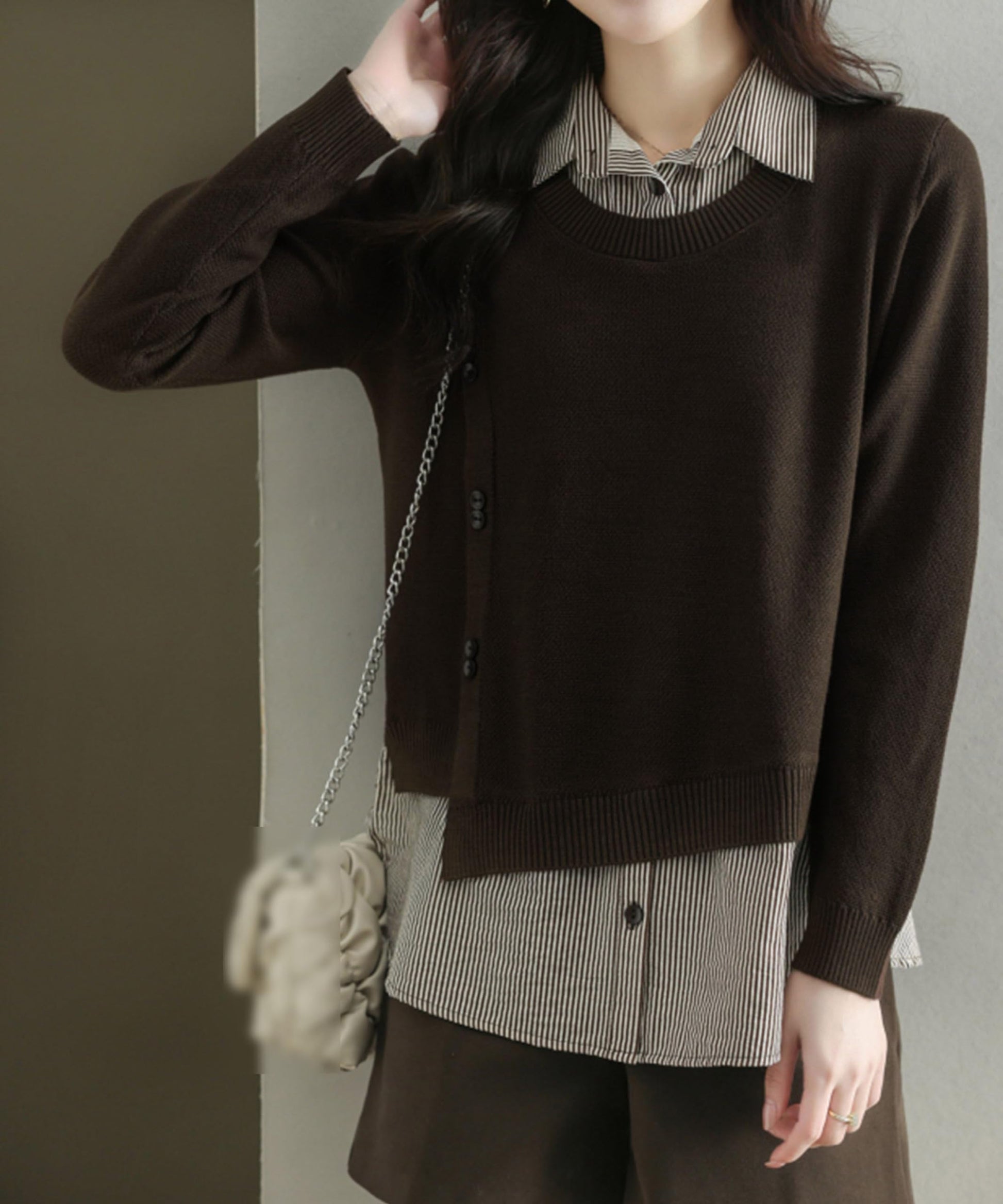 Womens Knit Long Sleeve Patchwork Blouse Tops - LAI MENG FIVE CATS