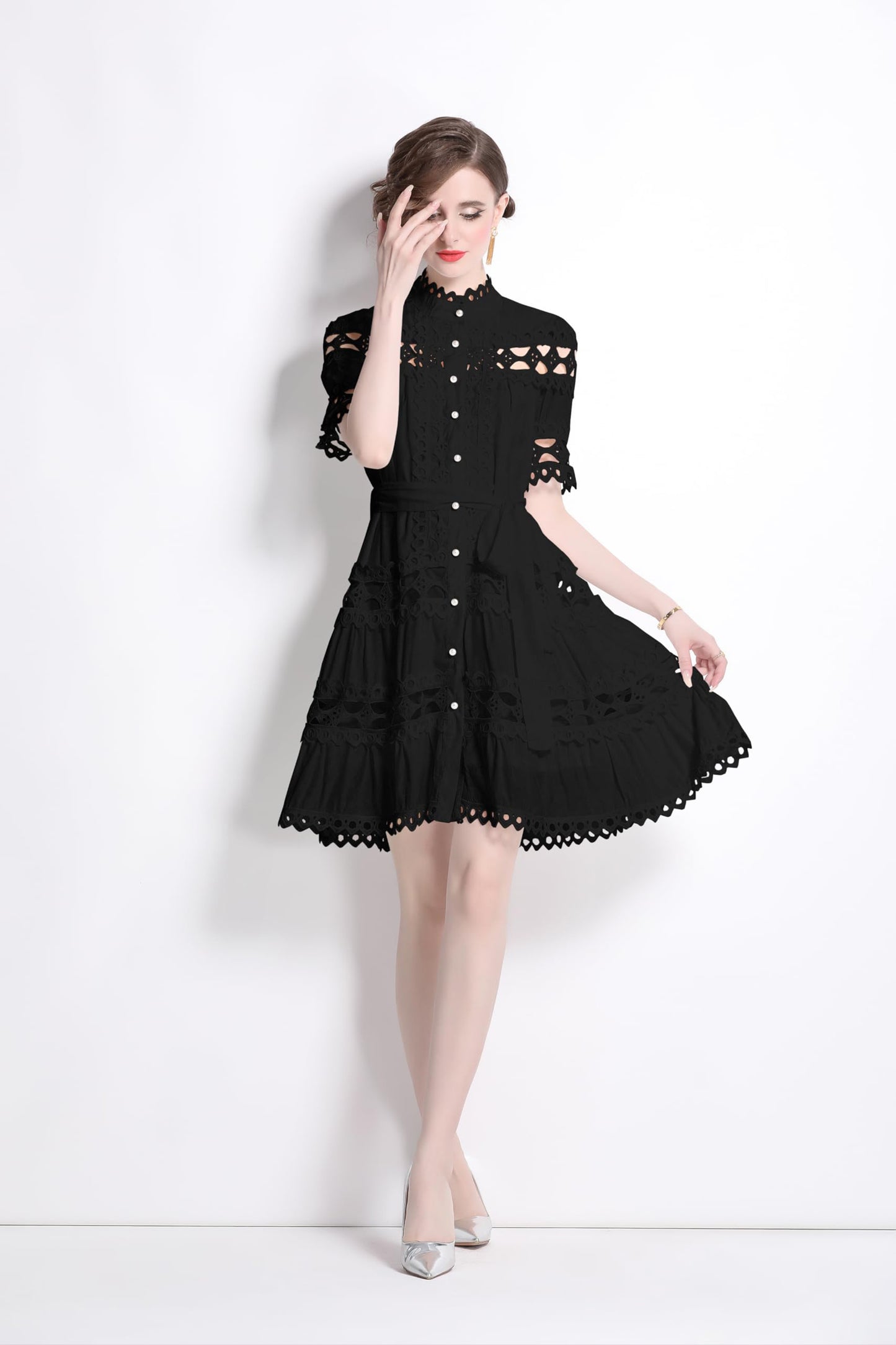 Womens Lace Hollow Button Mini Dress - LAI MENG FIVE CATS