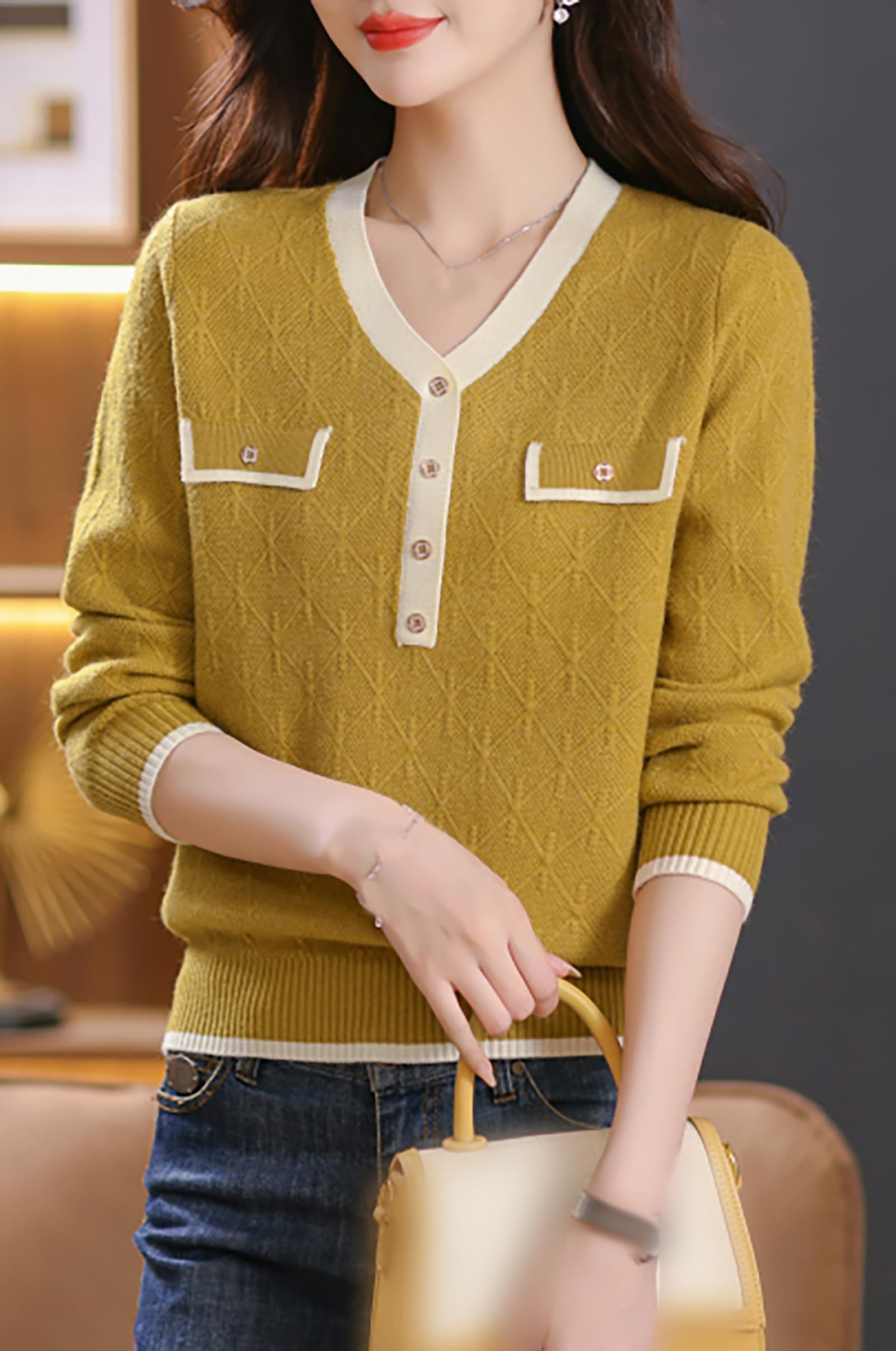 Knit Solid Color Button Pullover Tops - LAI MENG FIVE CATS
