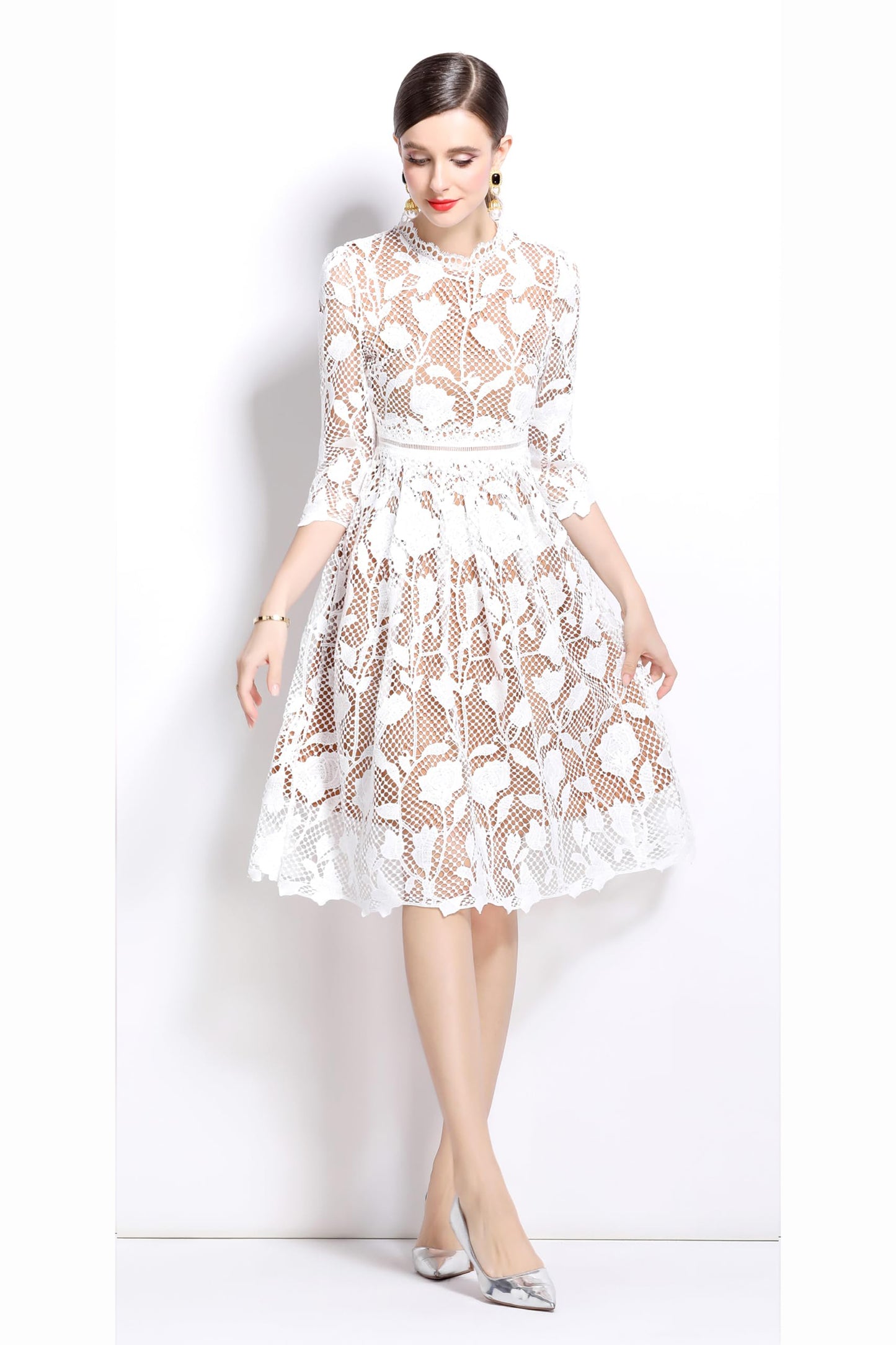 Womens Lace Floral Elegant Midi Dress - LAI MENG FIVE CATS