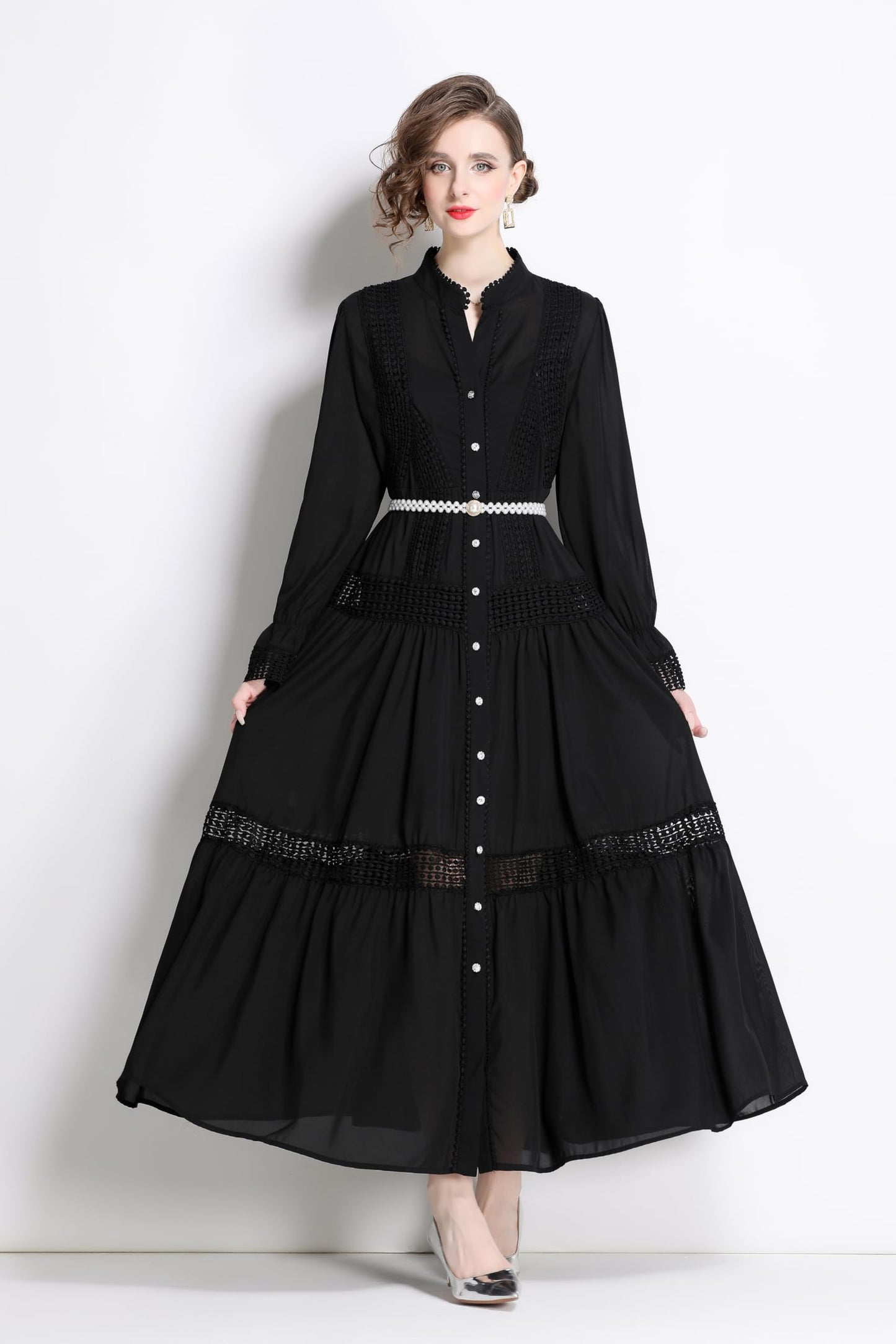 Womens Hollow A Line Maxi Dress With Belt - LAI MENG FIVE CATS
