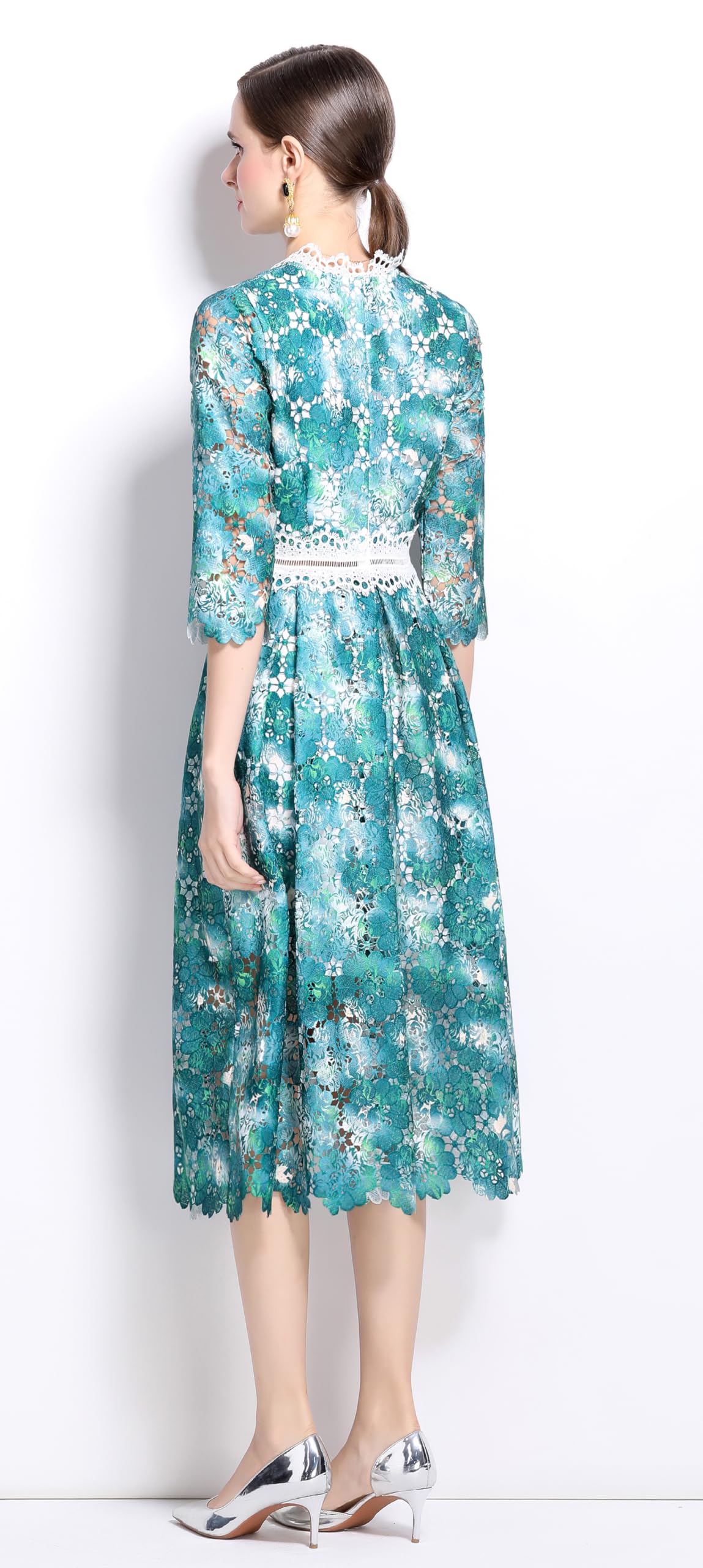 Womens 3/4 Sleeve Floral Print Midi Dress - LAI MENG FIVE CATS