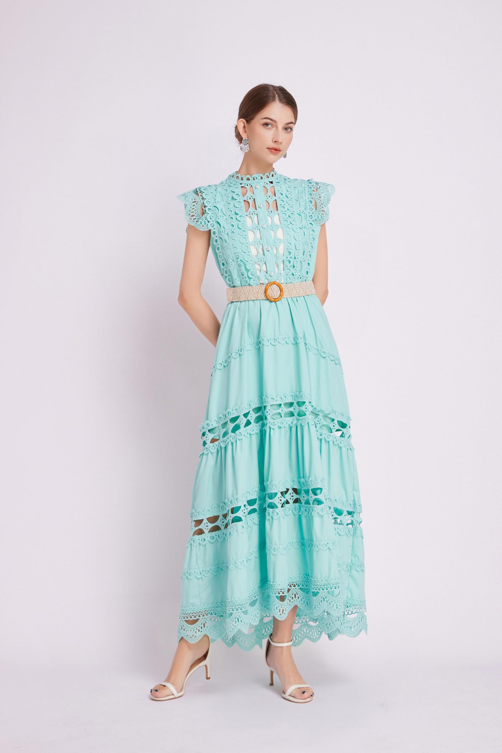 BK-Womens Lace Hollow Ruffled  Maxi  Dress - LAI MENG FIVE CATS