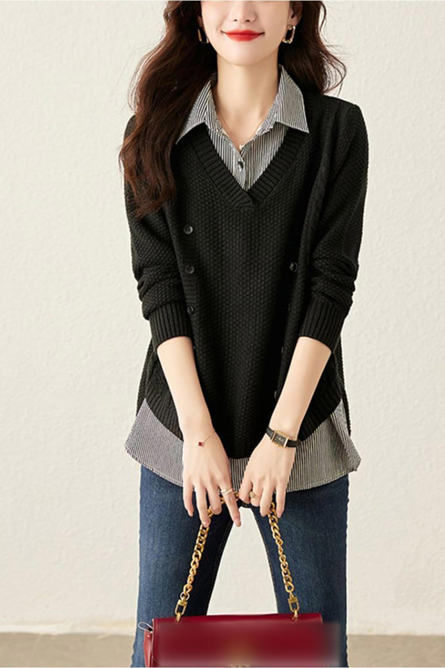 Knit 2 in 1 Tunics Patchwork Tops - LAI MENG FIVE CATS