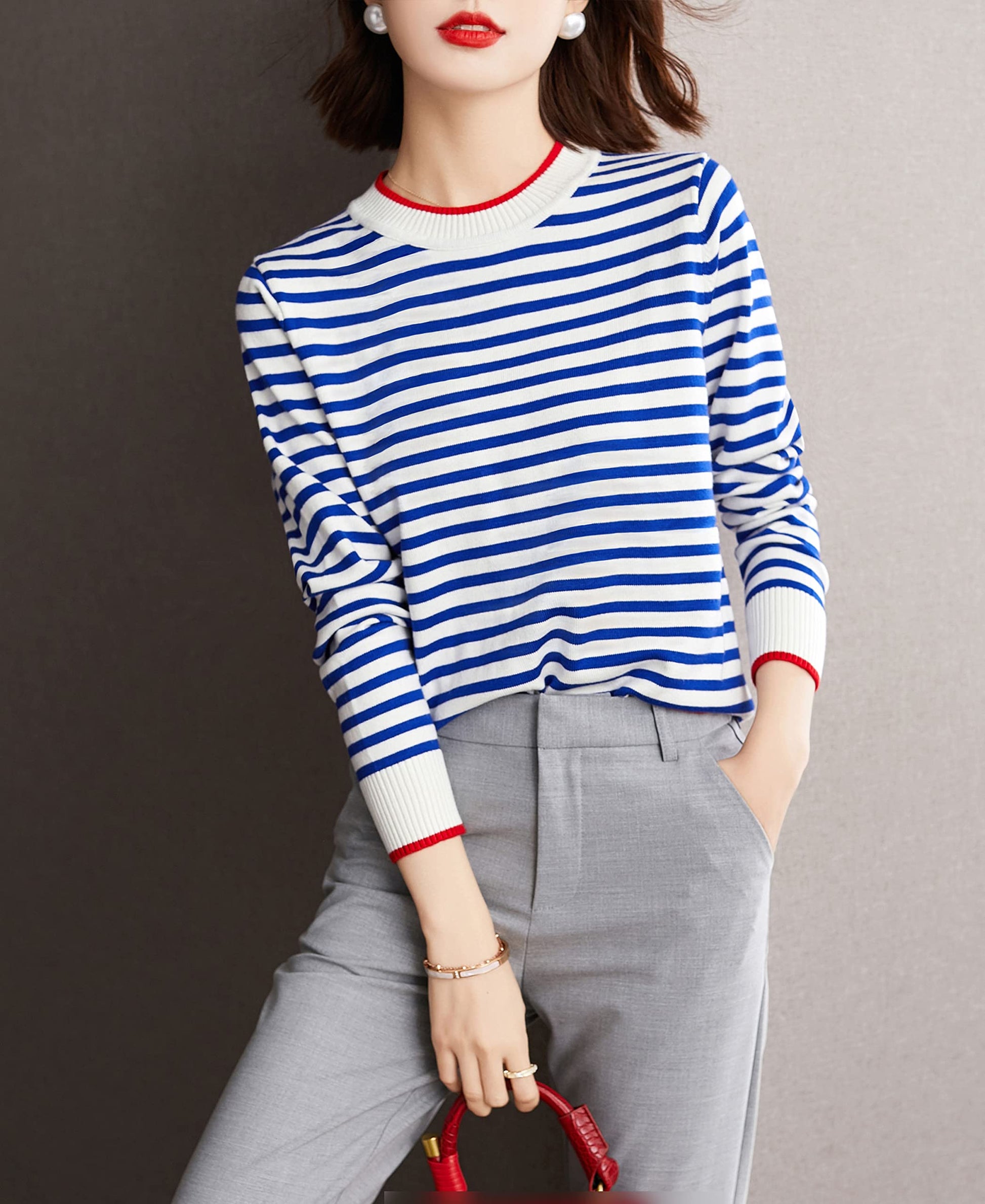 Women's Fall Lightweight Sweater Striped Knit Pullover Tops - LAI MENG FIVE CATS
