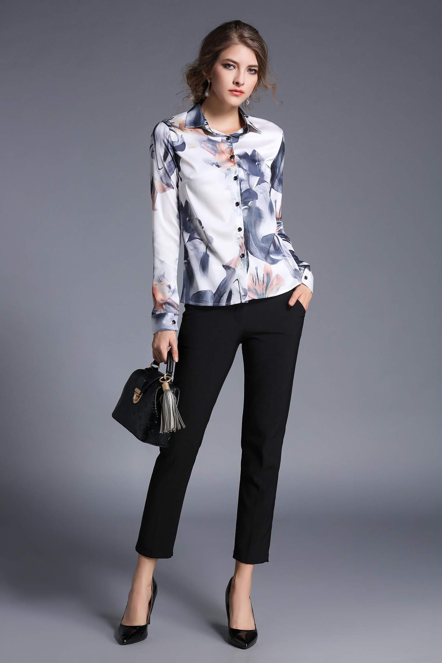 BK-Floral Print Long Sleeve Satin Shirt - LAI MENG FIVE CATS