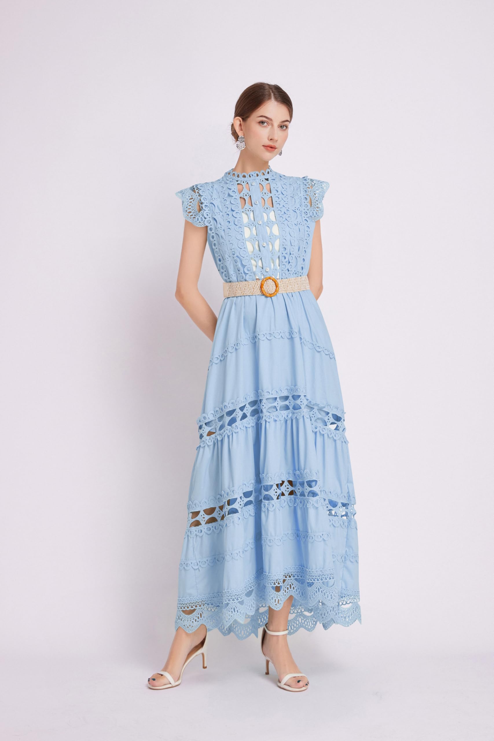 BK-Womens Lace Hollow Ruffled  Maxi  Dress - LAI MENG FIVE CATS