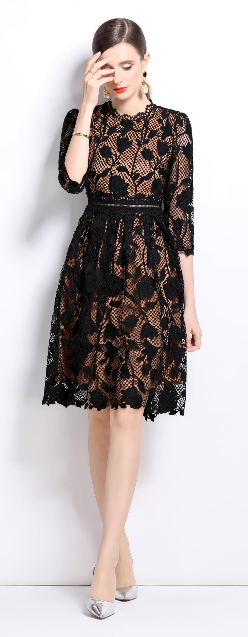 Womens Lace Floral Elegant Midi Dress - LAI MENG FIVE CATS