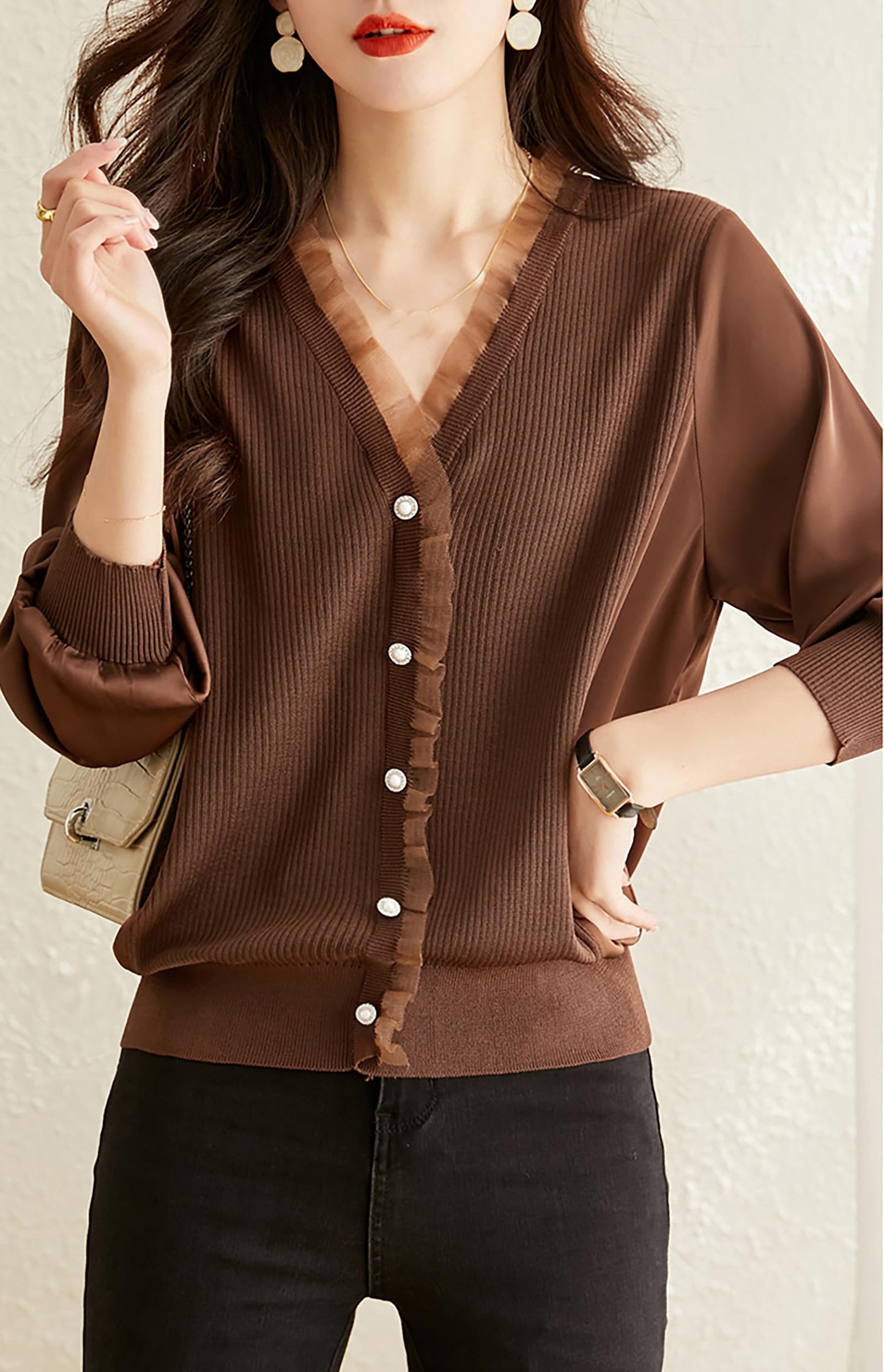 Knit Patchwork Button Casual Blouse Tops - LAI MENG FIVE CATS