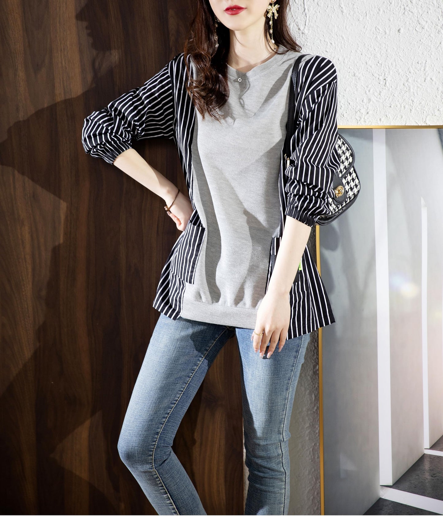 Pullover Patchwork Stripe Blouse Knit Tops - LAI MENG FIVE CATS