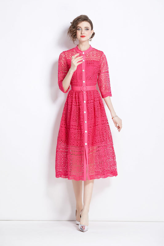 Floral Lace Midi Dress with Belt - LAI MENG FIVE CATS