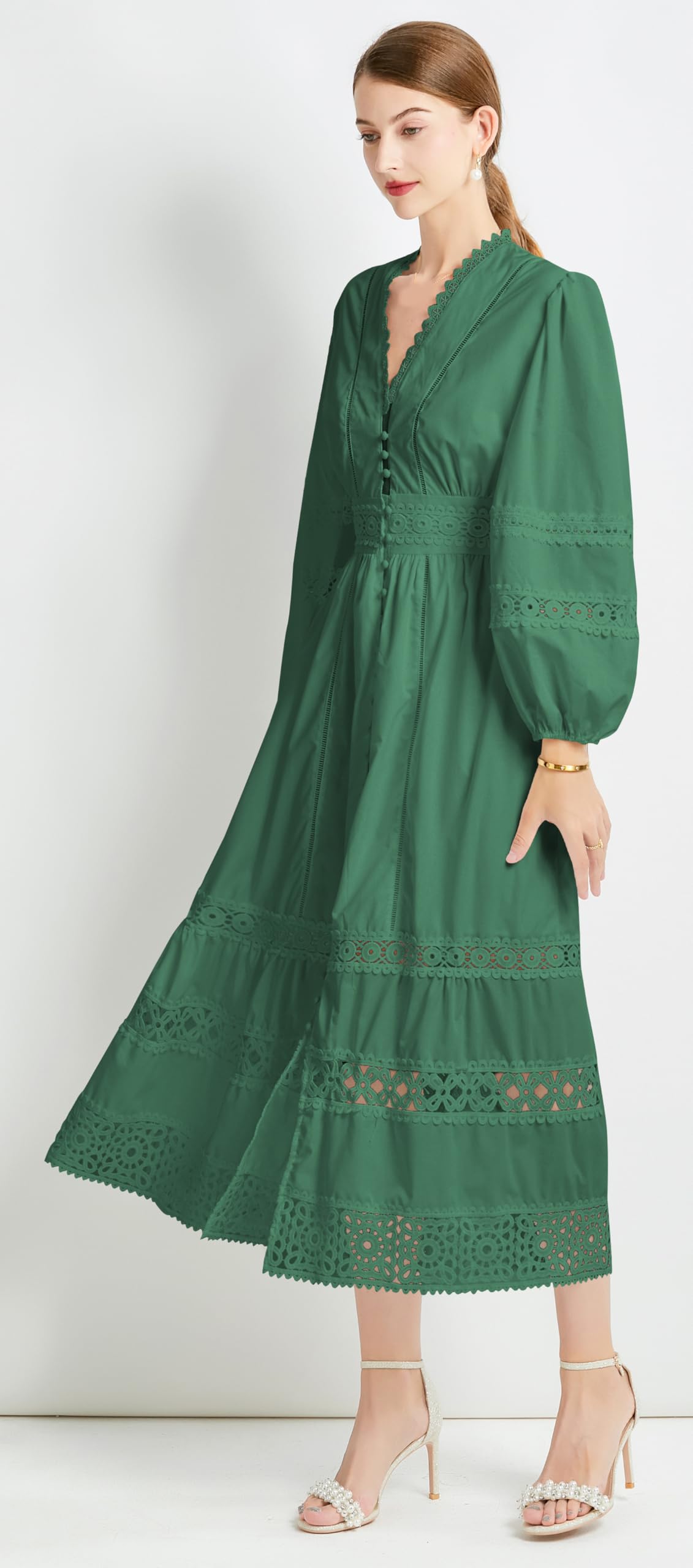 Womens Hollow Buttons Puffy Sleeves Midi Dress - LAI MENG FIVE CATS