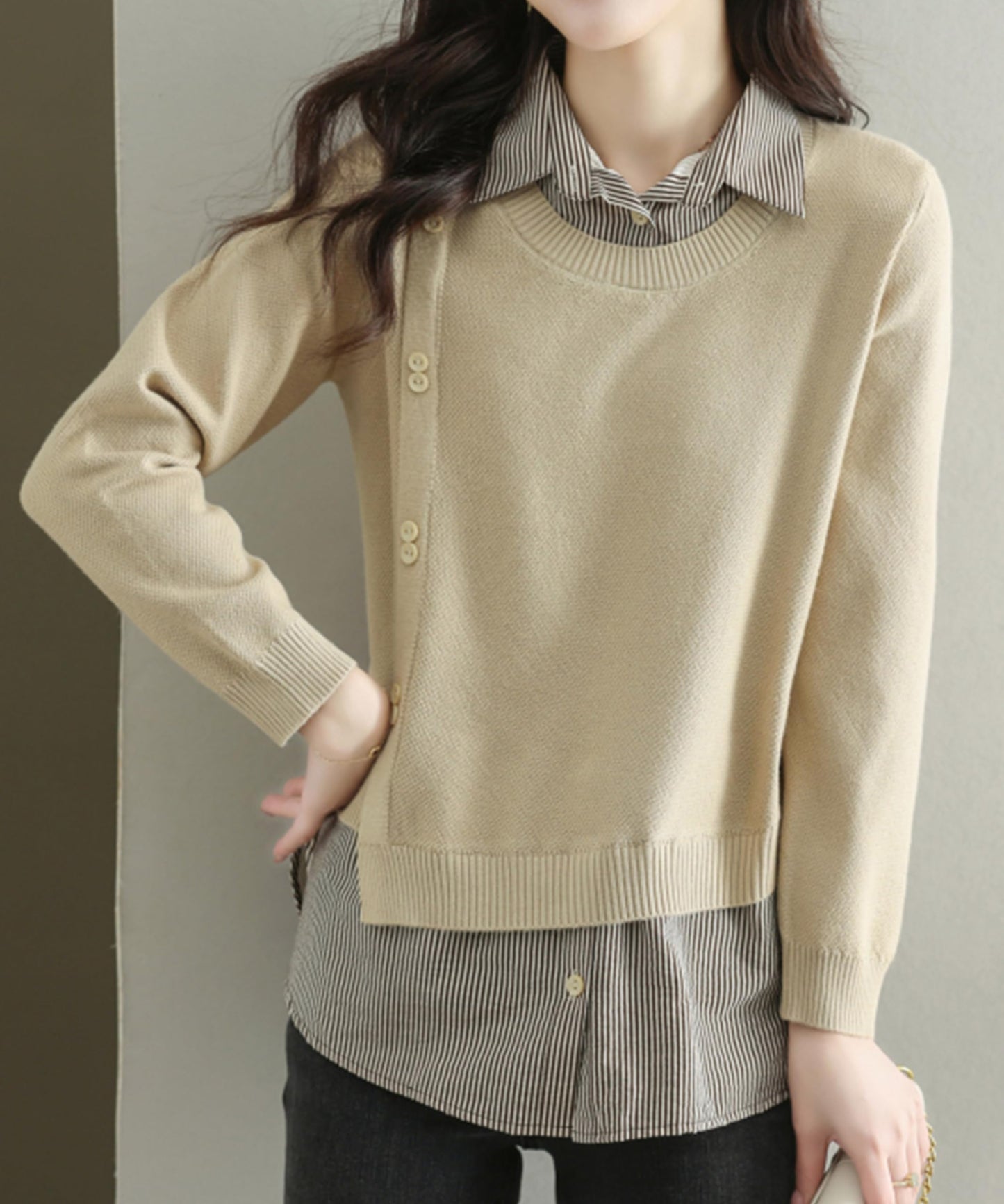 Womens Knit Long Sleeve Patchwork Blouse Tops - LAI MENG FIVE CATS