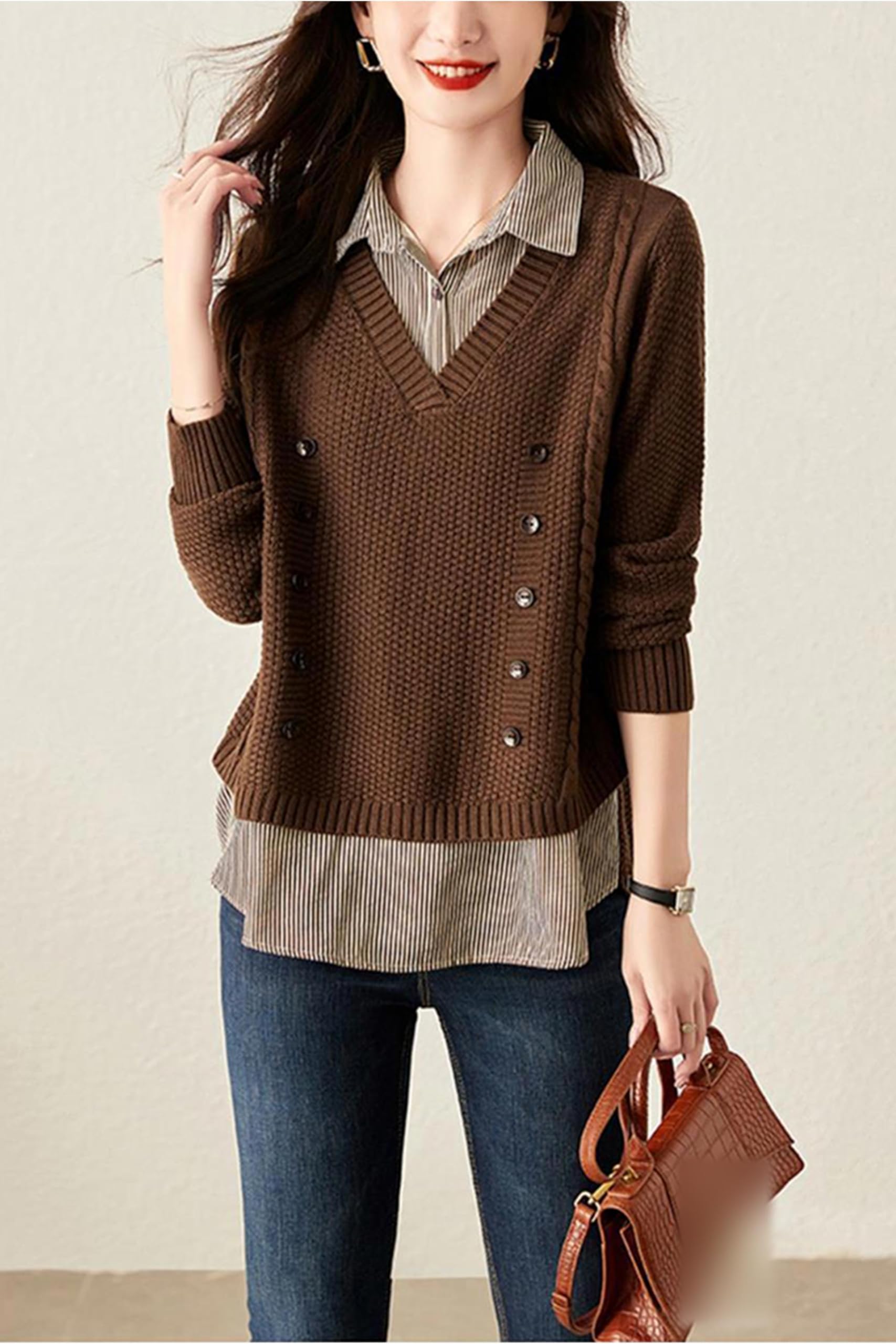 Knit  2 in 1 Tunics Patchwork Tops - LAI MENG FIVE CATS