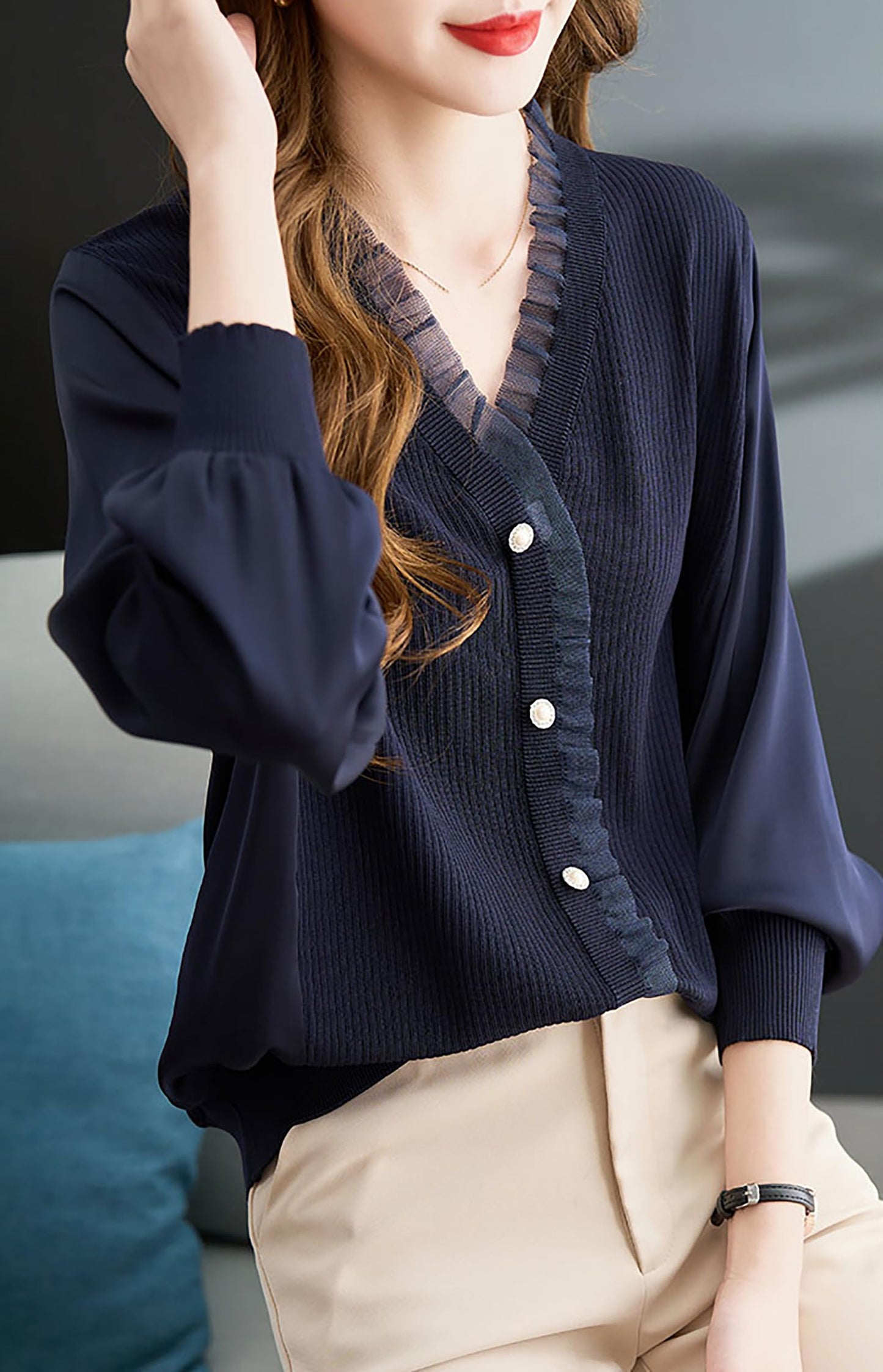 Knit Patchwork Button Casual Blouse Tops - LAI MENG FIVE CATS