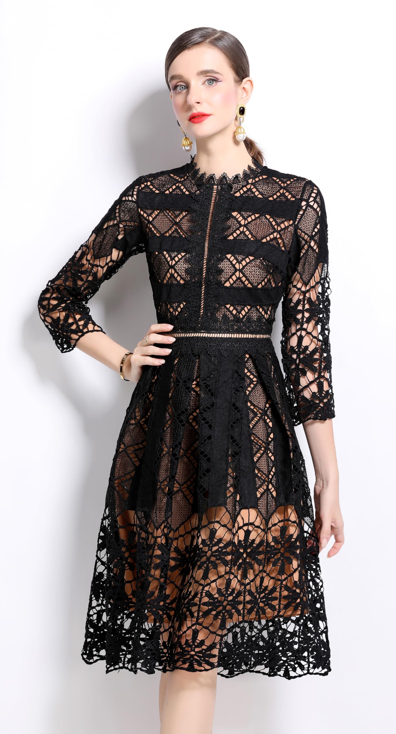 Womens 2/3 Sleeve Wedding Midi Dress - LAI MENG FIVE CATS