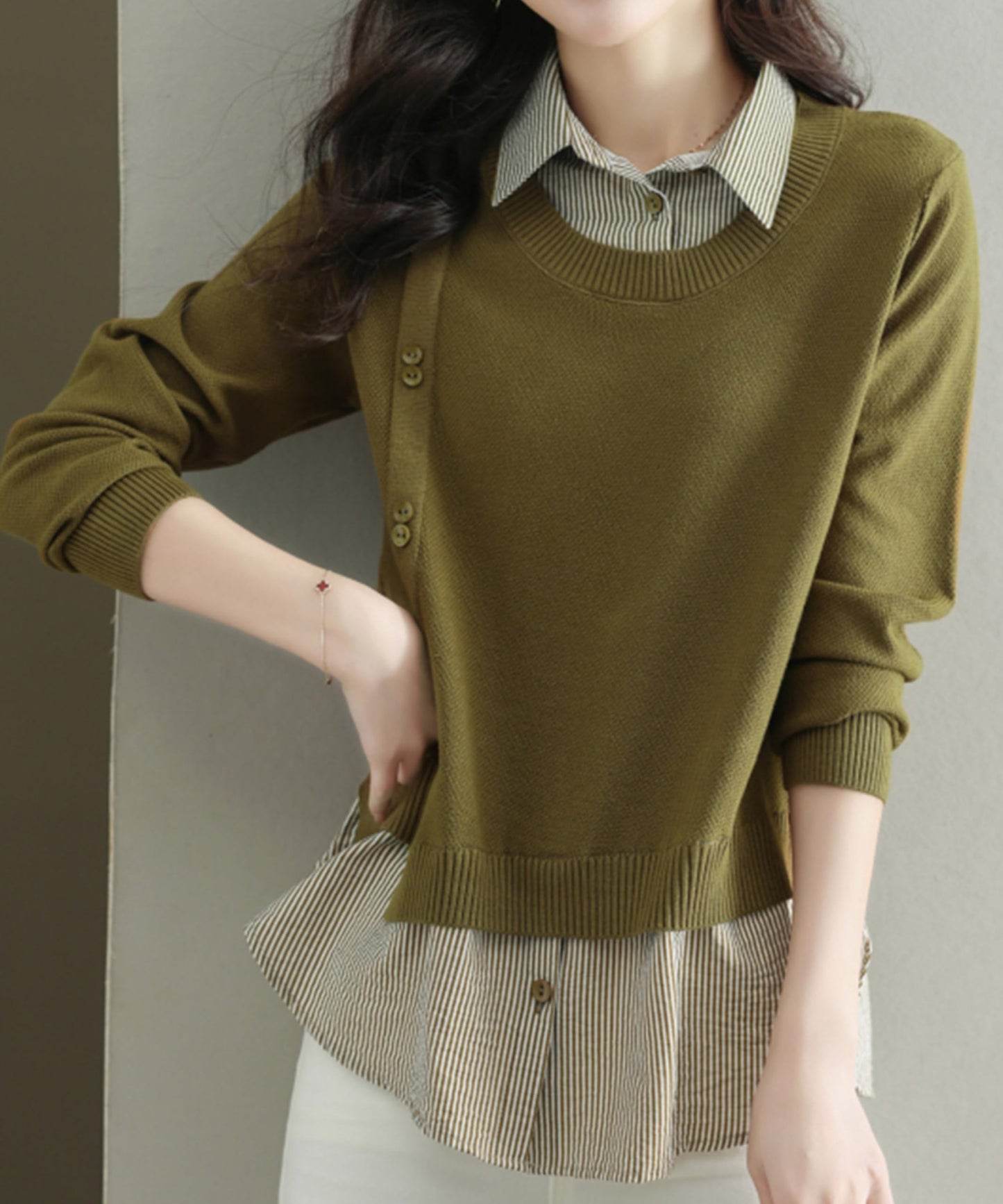 Womens Knit Long Sleeve Patchwork Blouse Tops - LAI MENG FIVE CATS