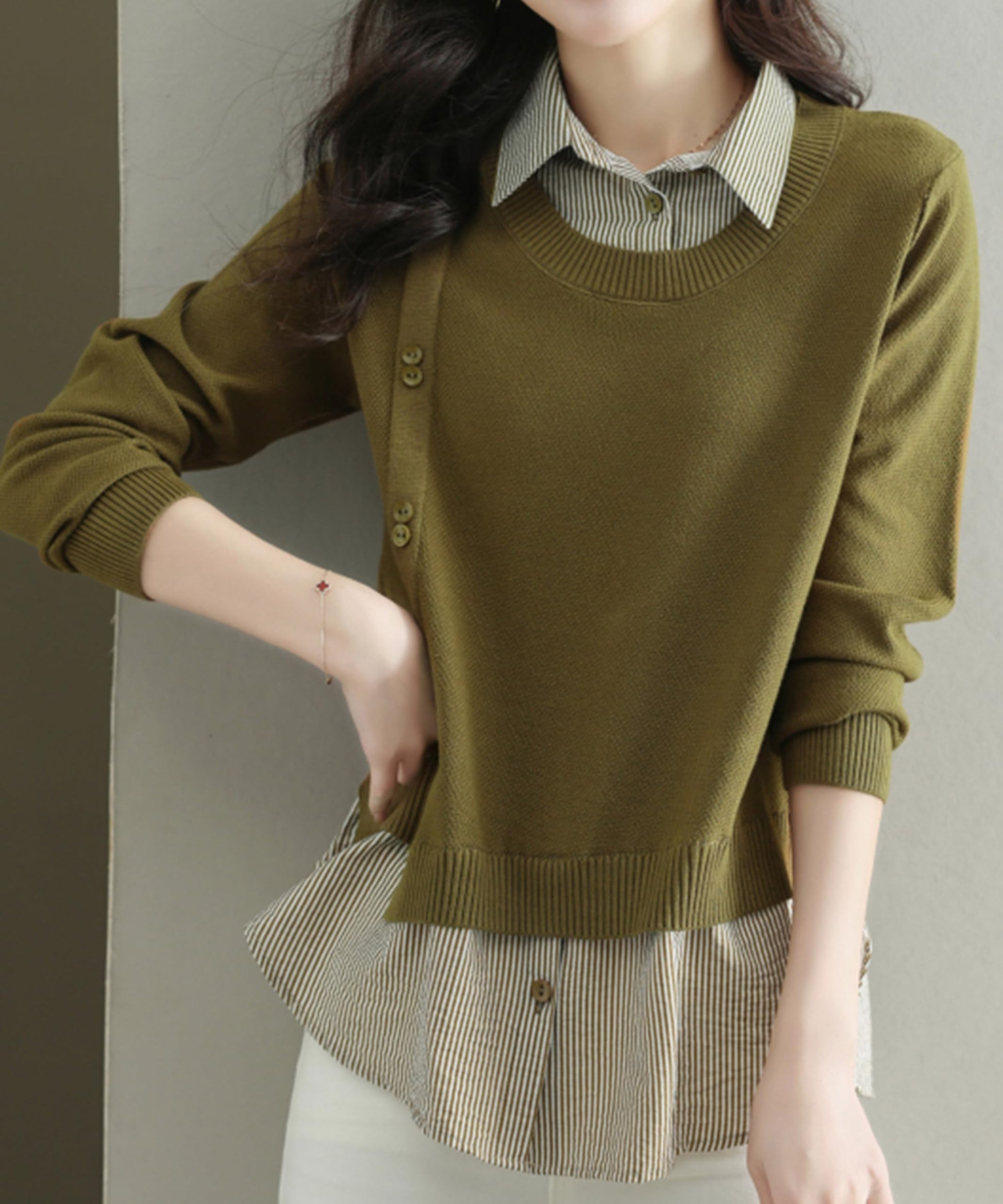 Womens Knit Long Sleeve Patchwork Blouse Tops - LAI MENG FIVE CATS