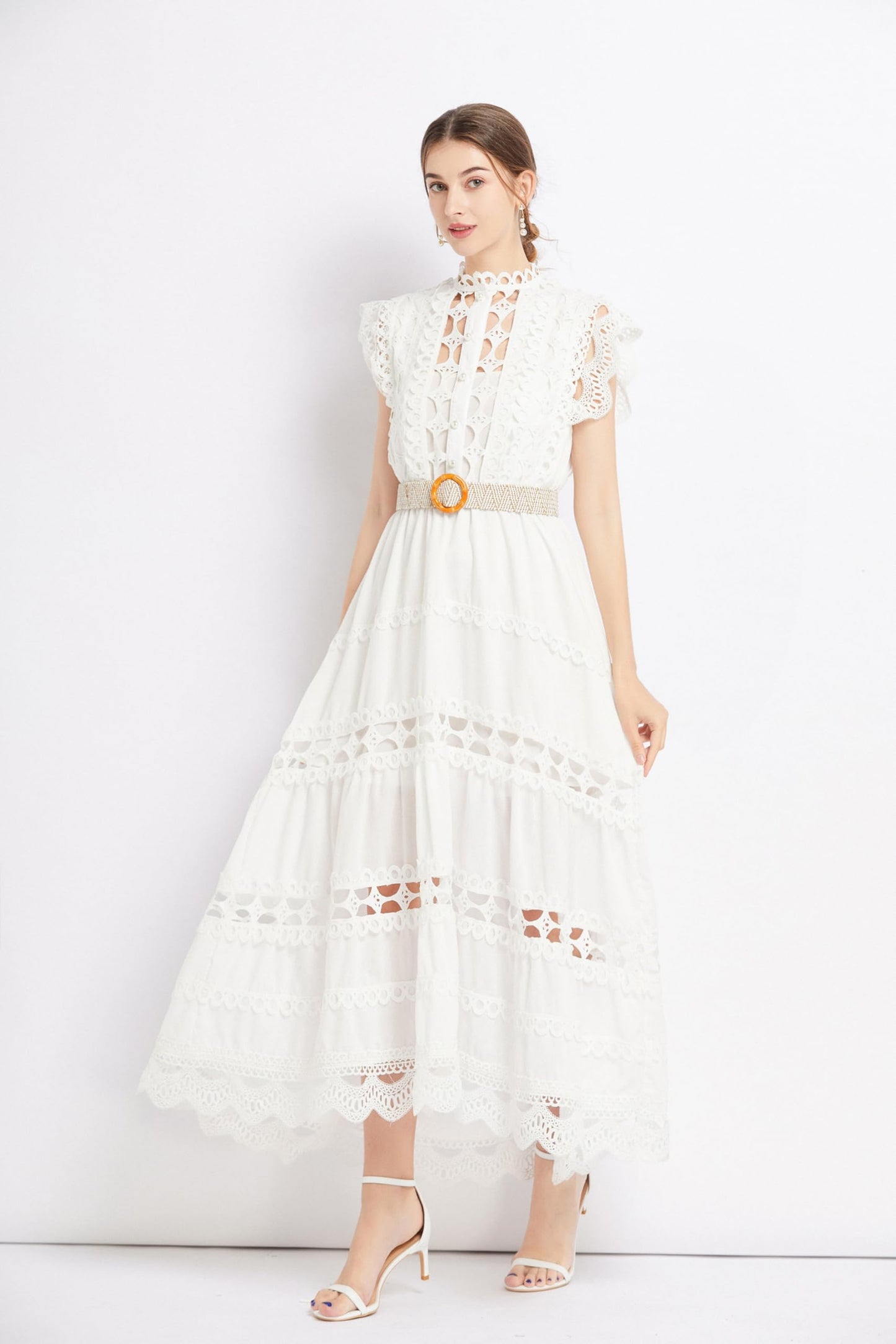 BK-Womens Lace Hollow Ruffled Maxi Dress - LAI MENG FIVE CATS