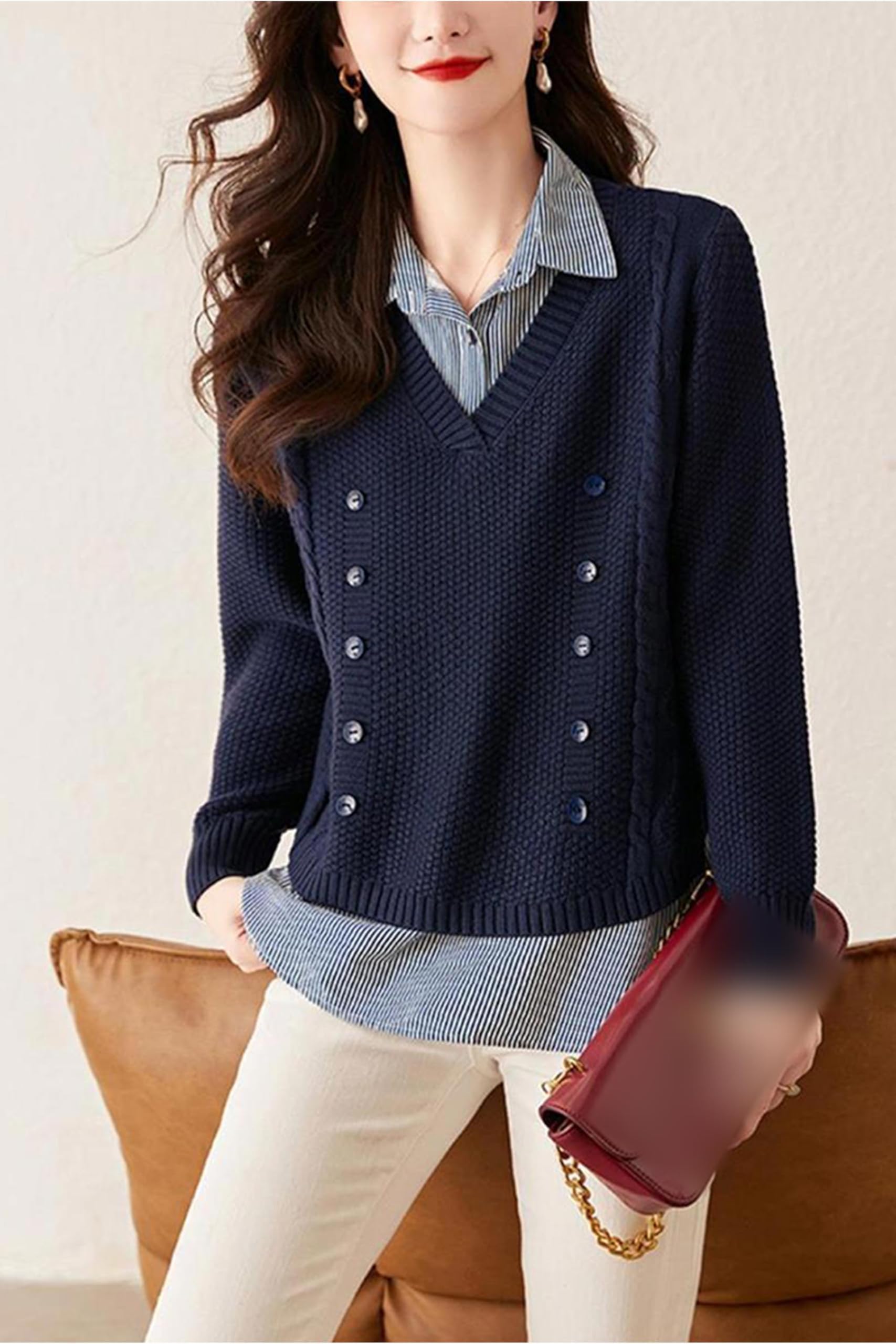Knit  2 in 1 Tunics Patchwork Tops - LAI MENG FIVE CATS