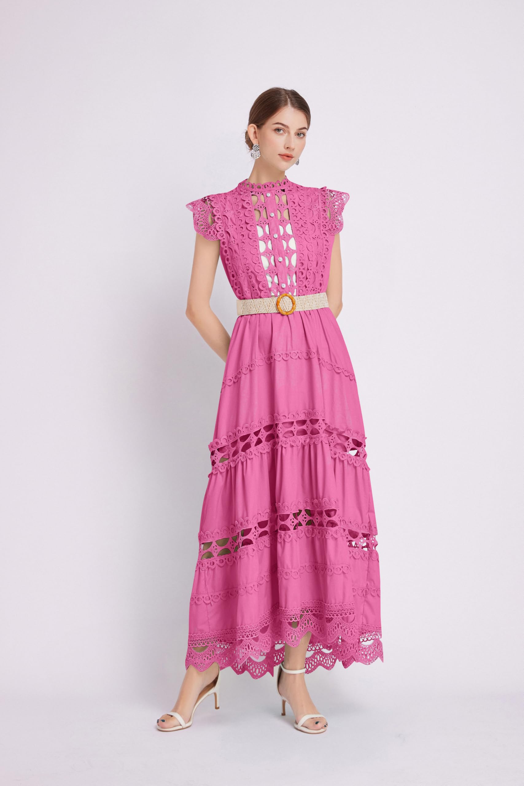 BK-Womens Lace Hollow Ruffled  Maxi  Dress - LAI MENG FIVE CATS