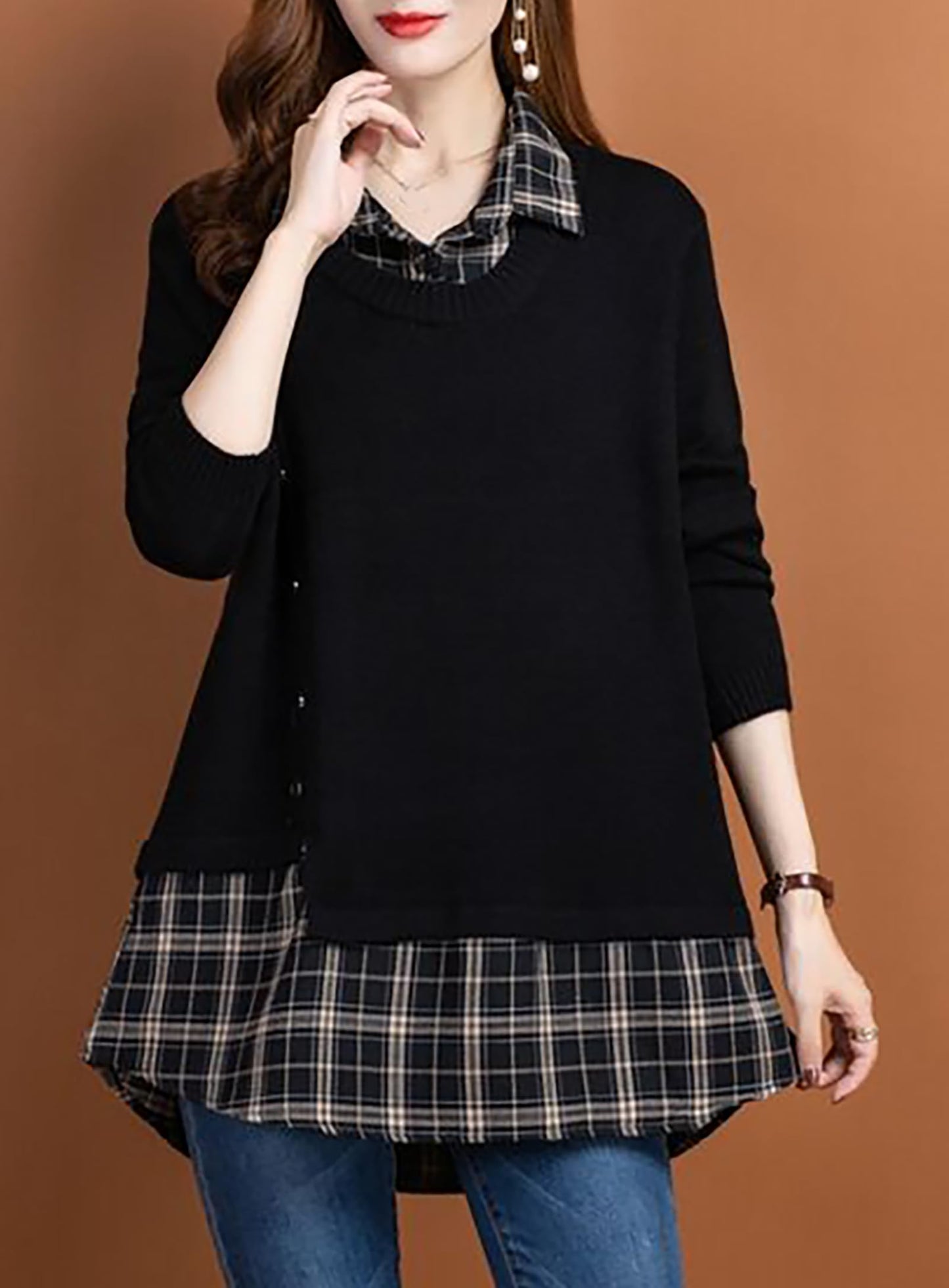 Knit Collar Patchwork Blouse Tops - LAI MENG FIVE CATS