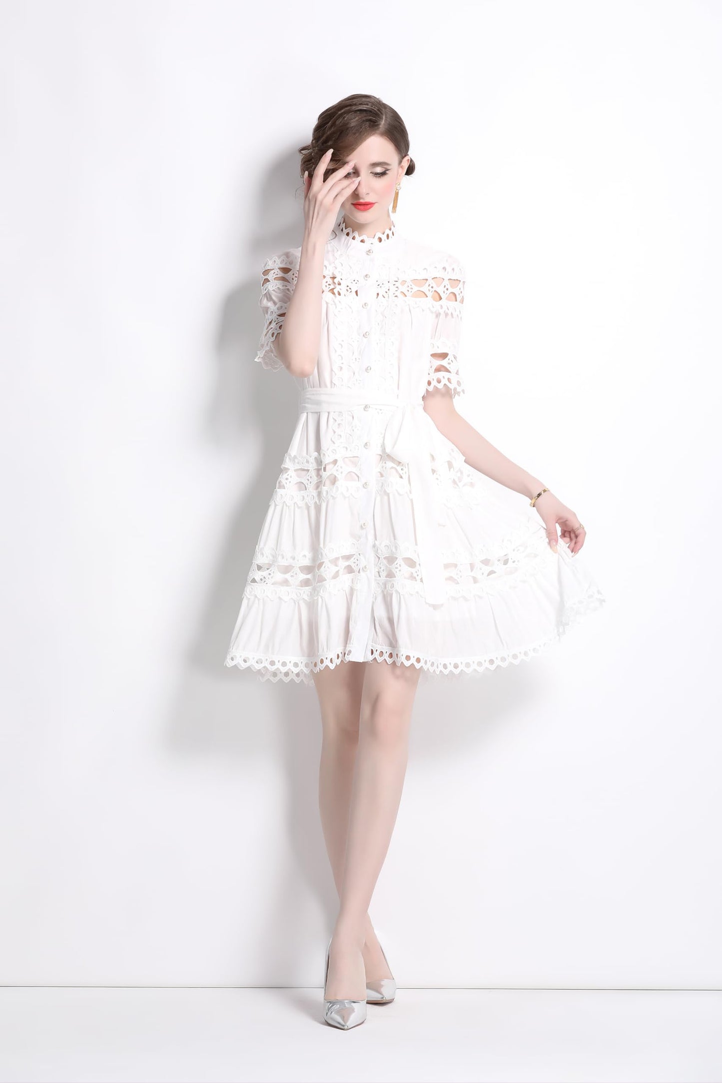 Womens Lace Hollow Button Mini Dress - LAI MENG FIVE CATS
