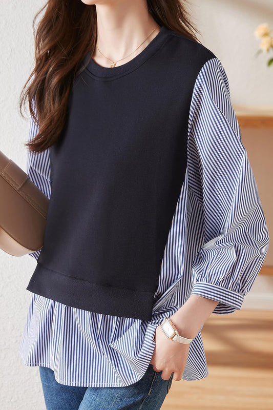Patchwork Stripe Shirt Pullover Blouse Tops - LAI MENG FIVE CATS