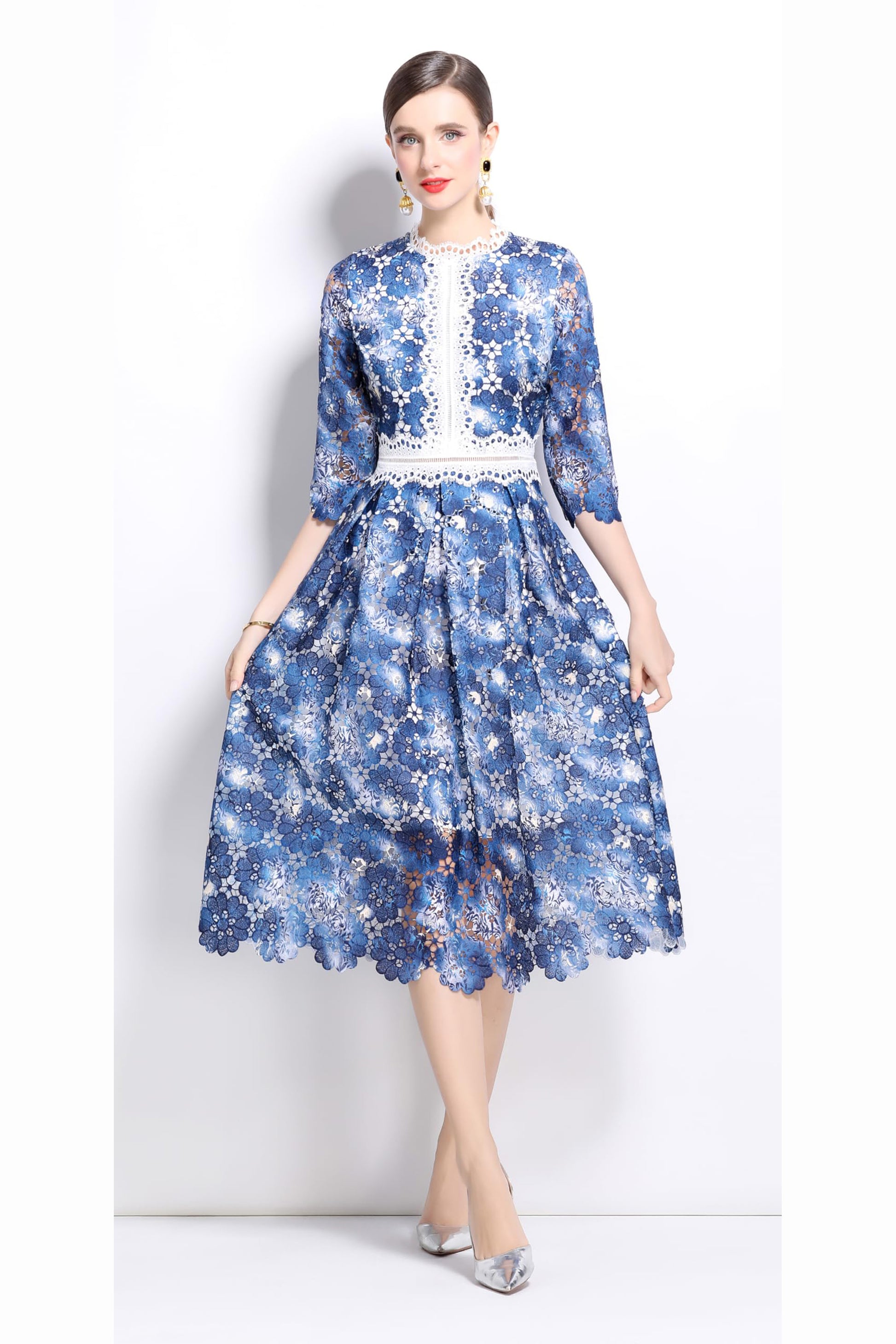 Womens 3/4 Sleeve Floral Print Midi Dress - LAI MENG FIVE CATS