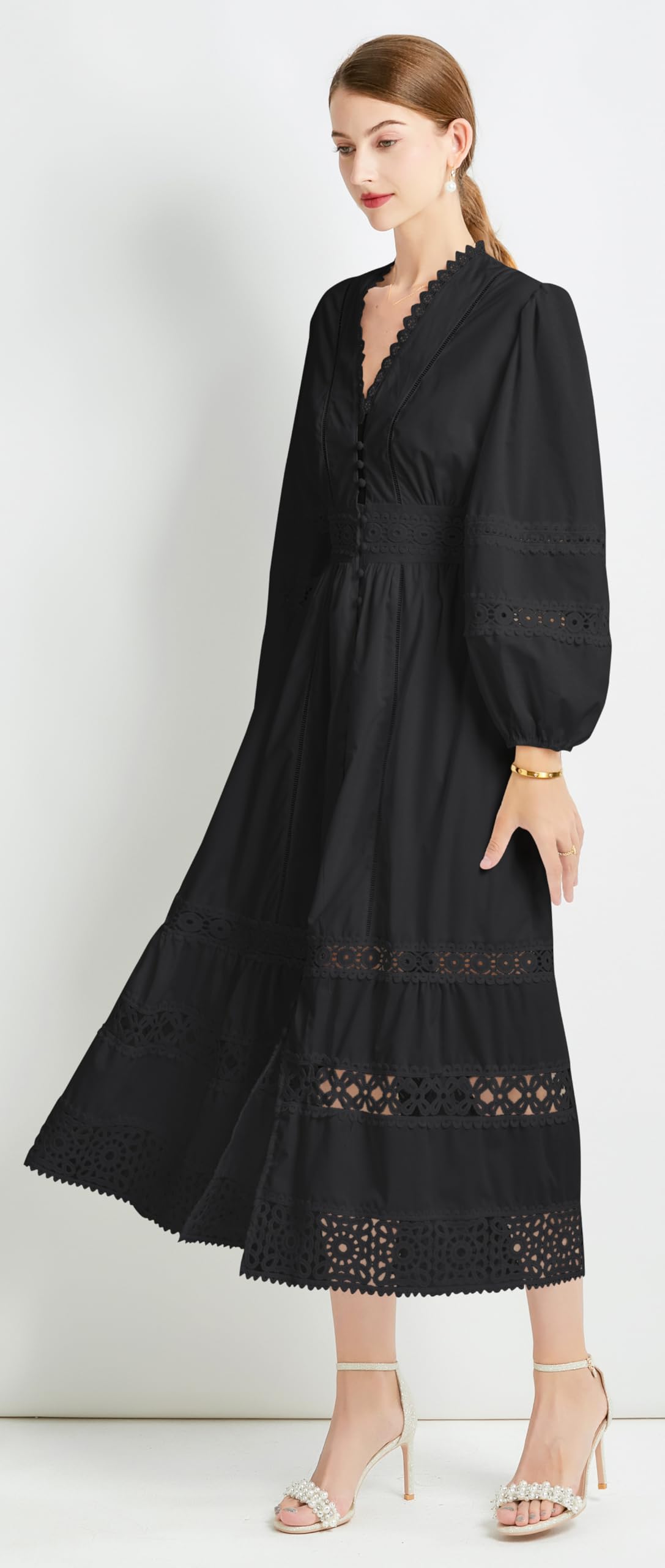 Womens Hollow Buttons Puffy Sleeves Midi Dress - LAI MENG FIVE CATS