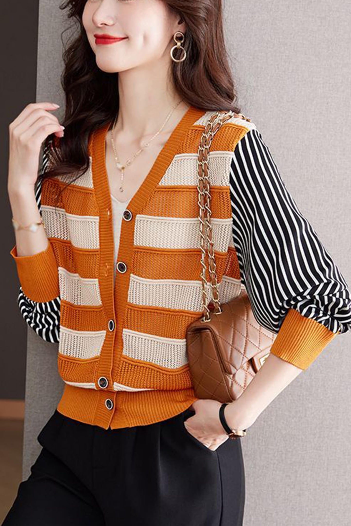 BK-Striped Cardigan Button Fashion Casual Tops - LAI MENG FIVE CATS