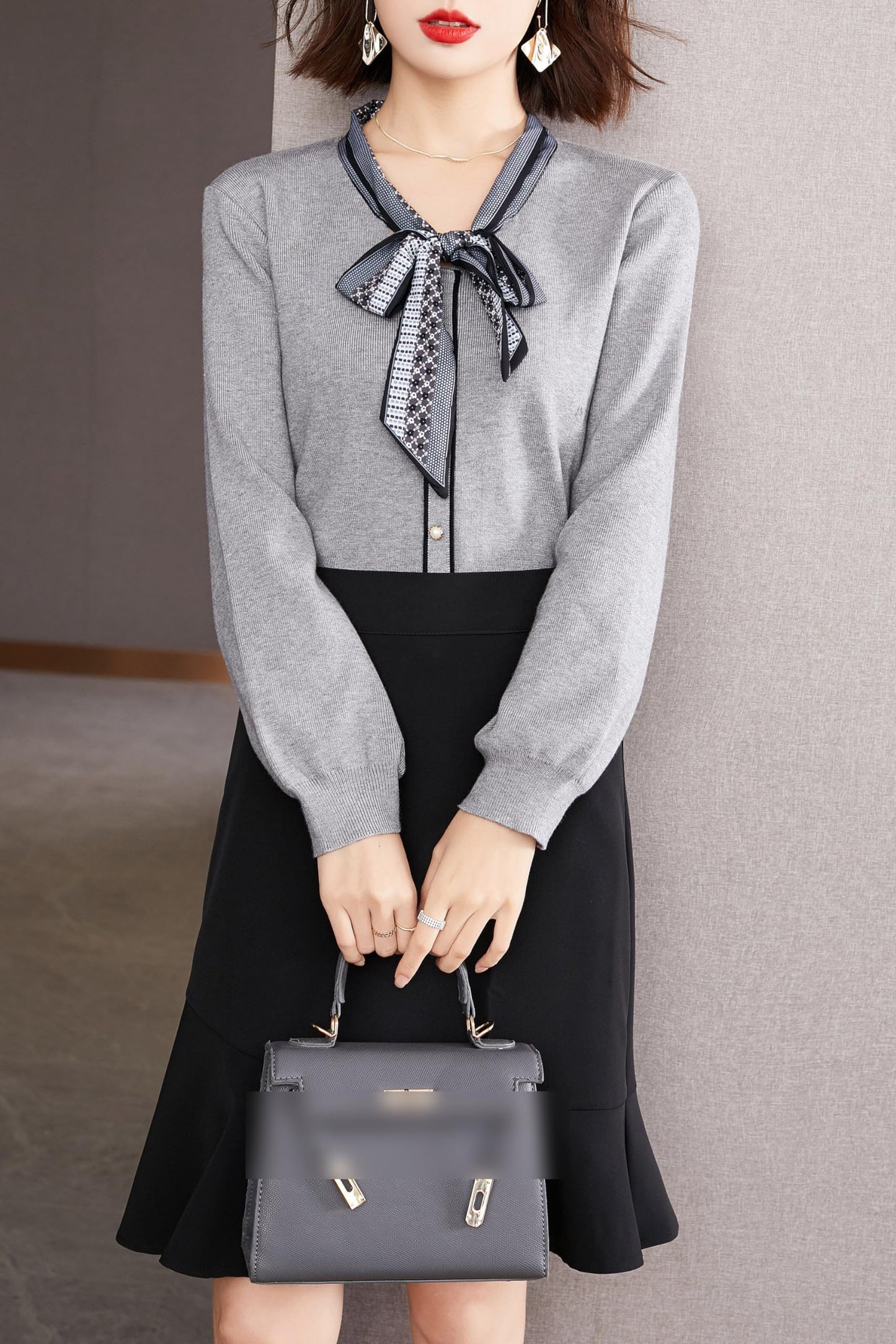 BK-Tie Neck Casual Shirt Tunic Pullover Blouse Tops - LAI MENG FIVE CATS