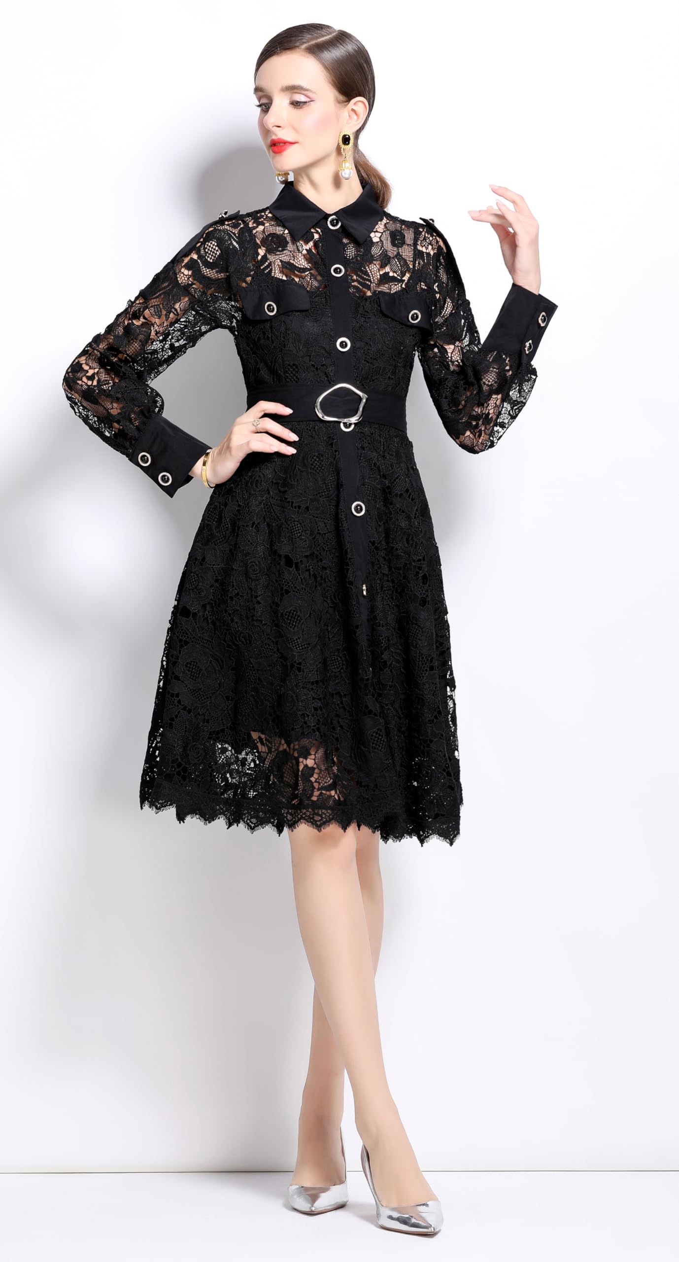 Womens Lace Tie Waist  Flowy Midi Dress - LAI MENG FIVE CATS