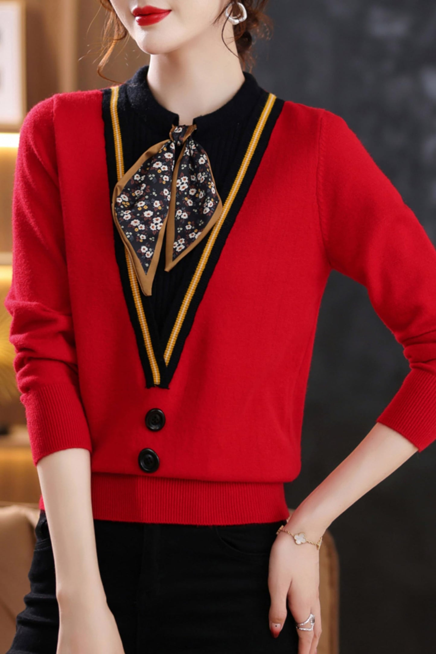 Women's Tie Neck Casual Shirt Tunic Pullover Blouse Tops - LAI MENG FIVE CATS