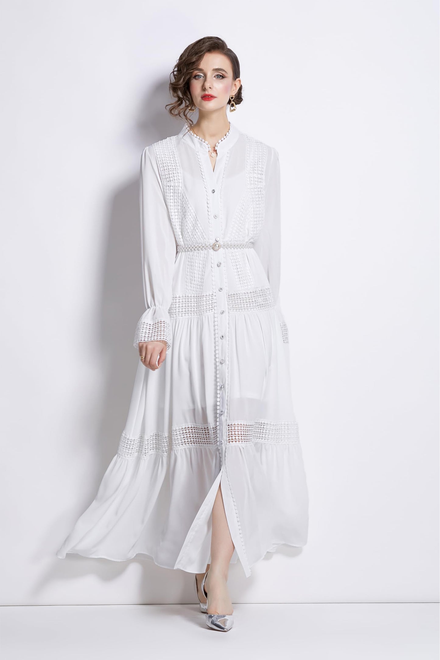 Womens Hollow A Line Maxi Dress With Belt - LAI MENG FIVE CATS