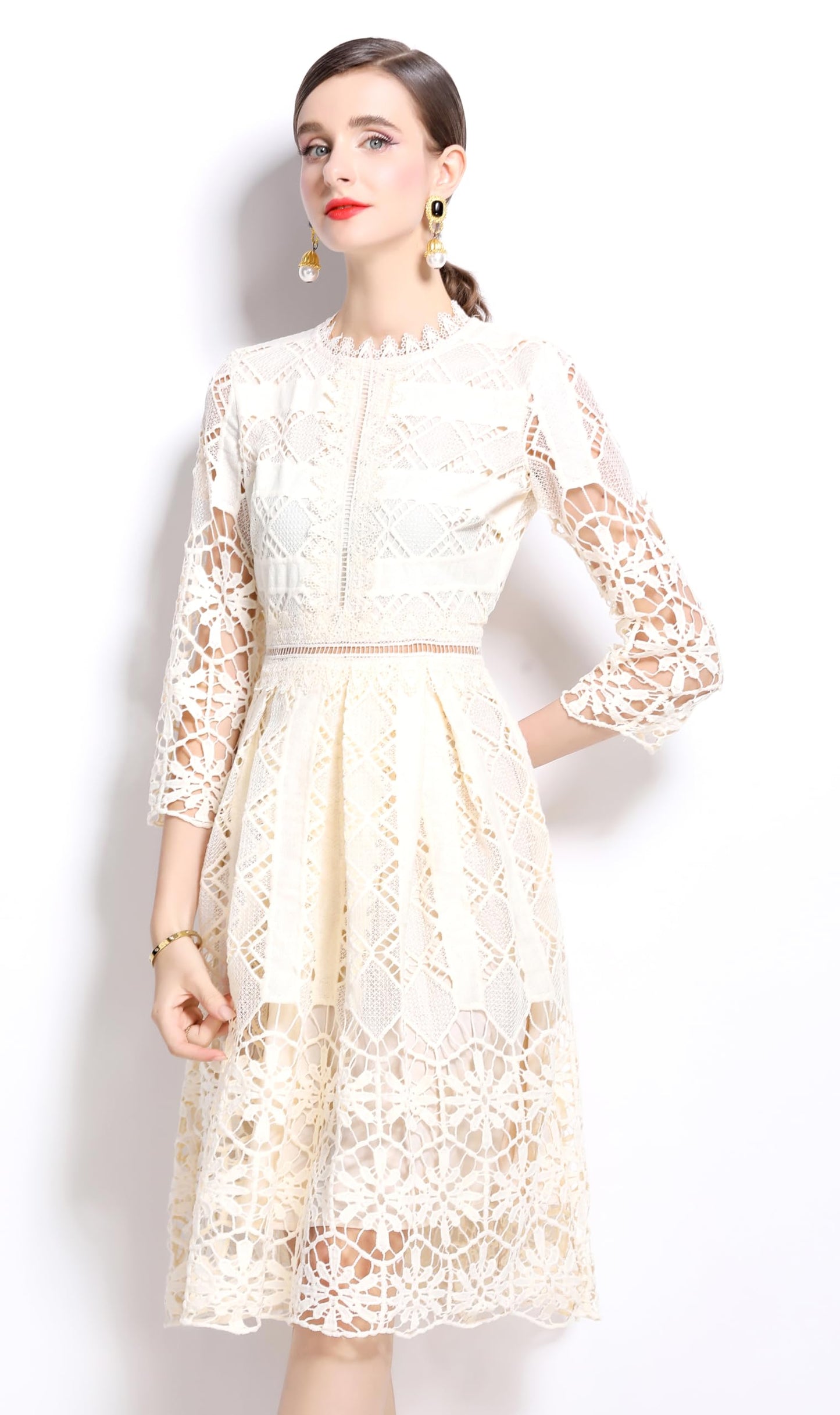 Womens 2/3 Sleeve Wedding Midi Dress - LAI MENG FIVE CATS