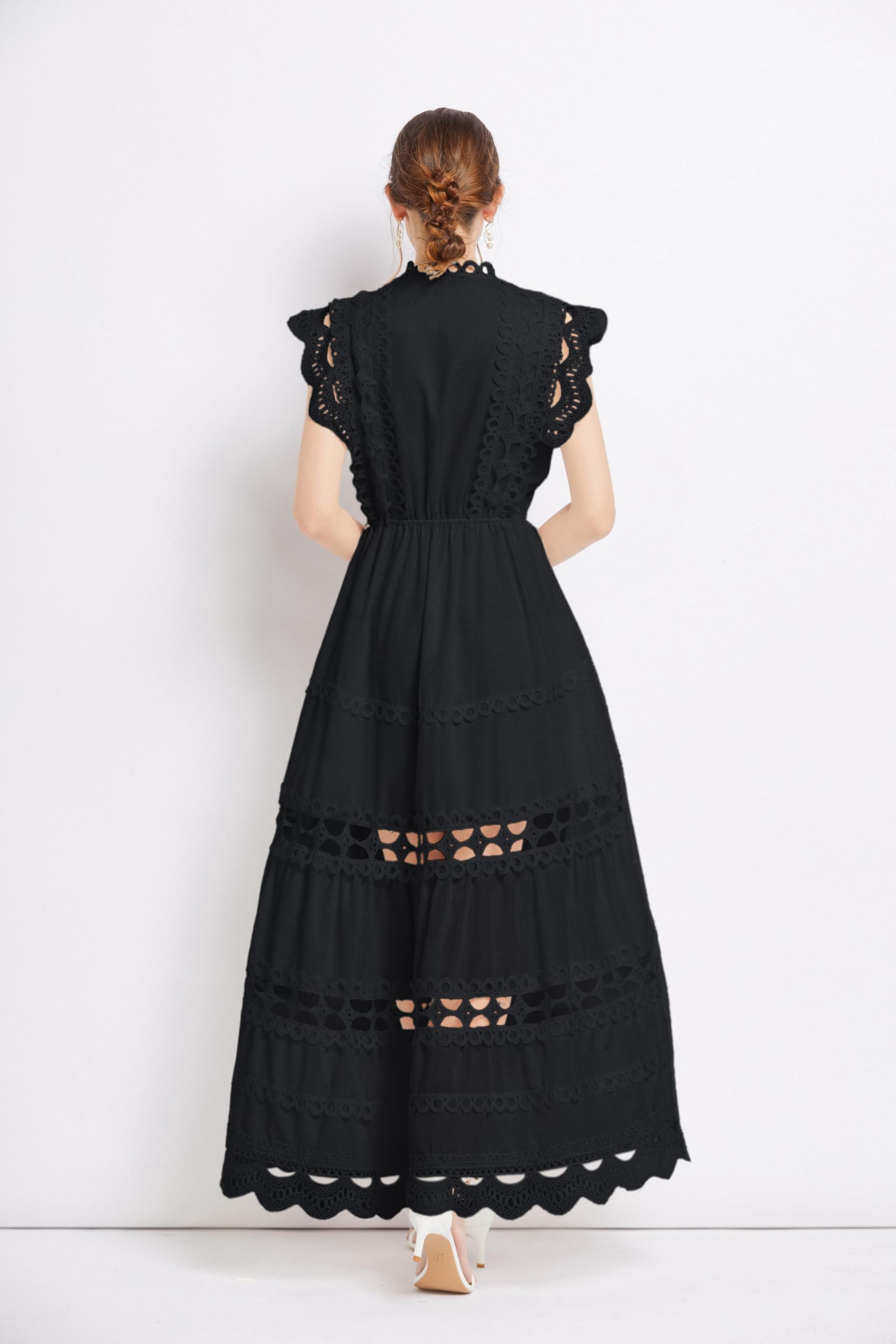 BK-Womens Lace Hollow Ruffled  Maxi  Dress - LAI MENG FIVE CATS