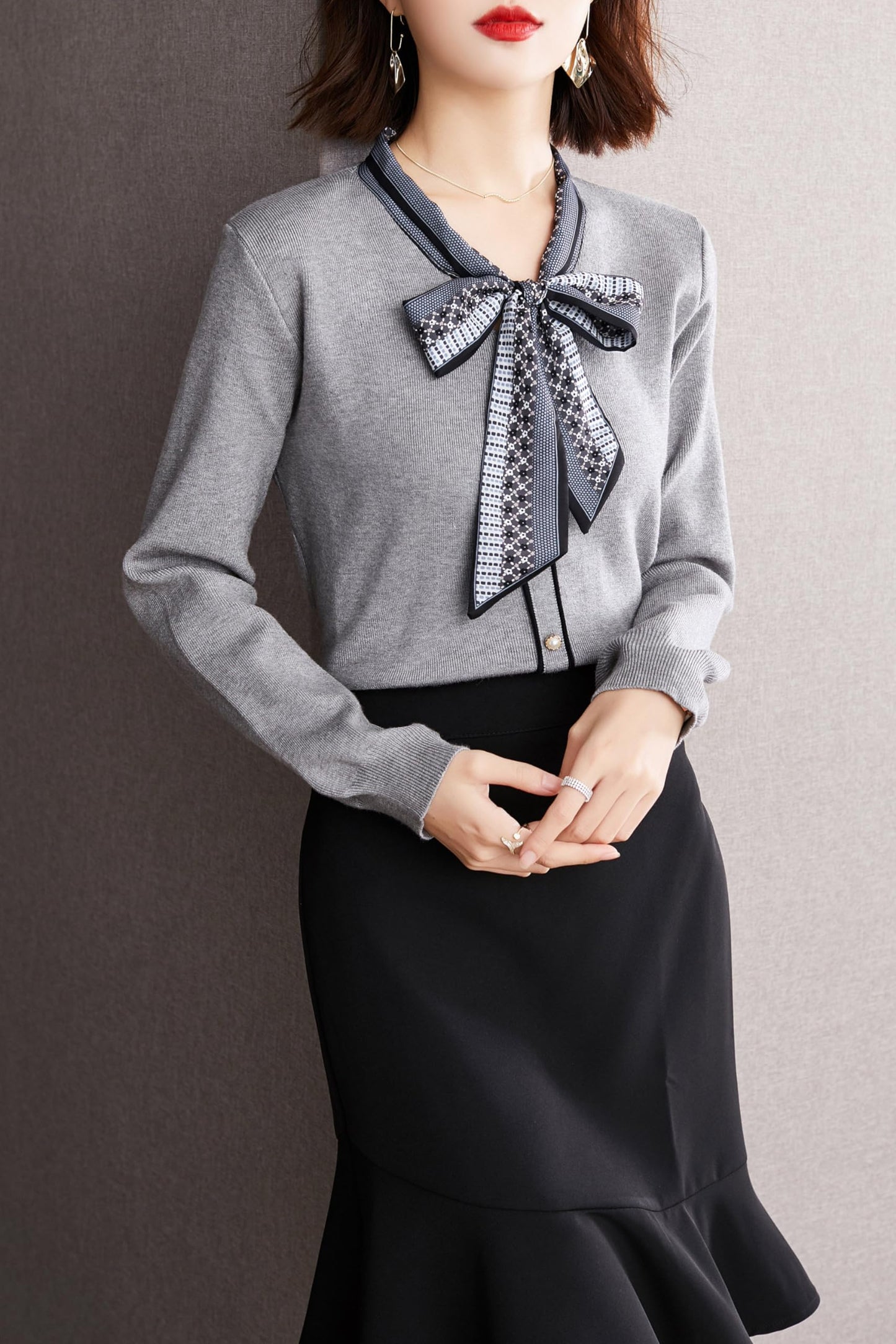 BK-Tie Neck Casual Shirt Tunic Pullover Blouse Tops - LAI MENG FIVE CATS