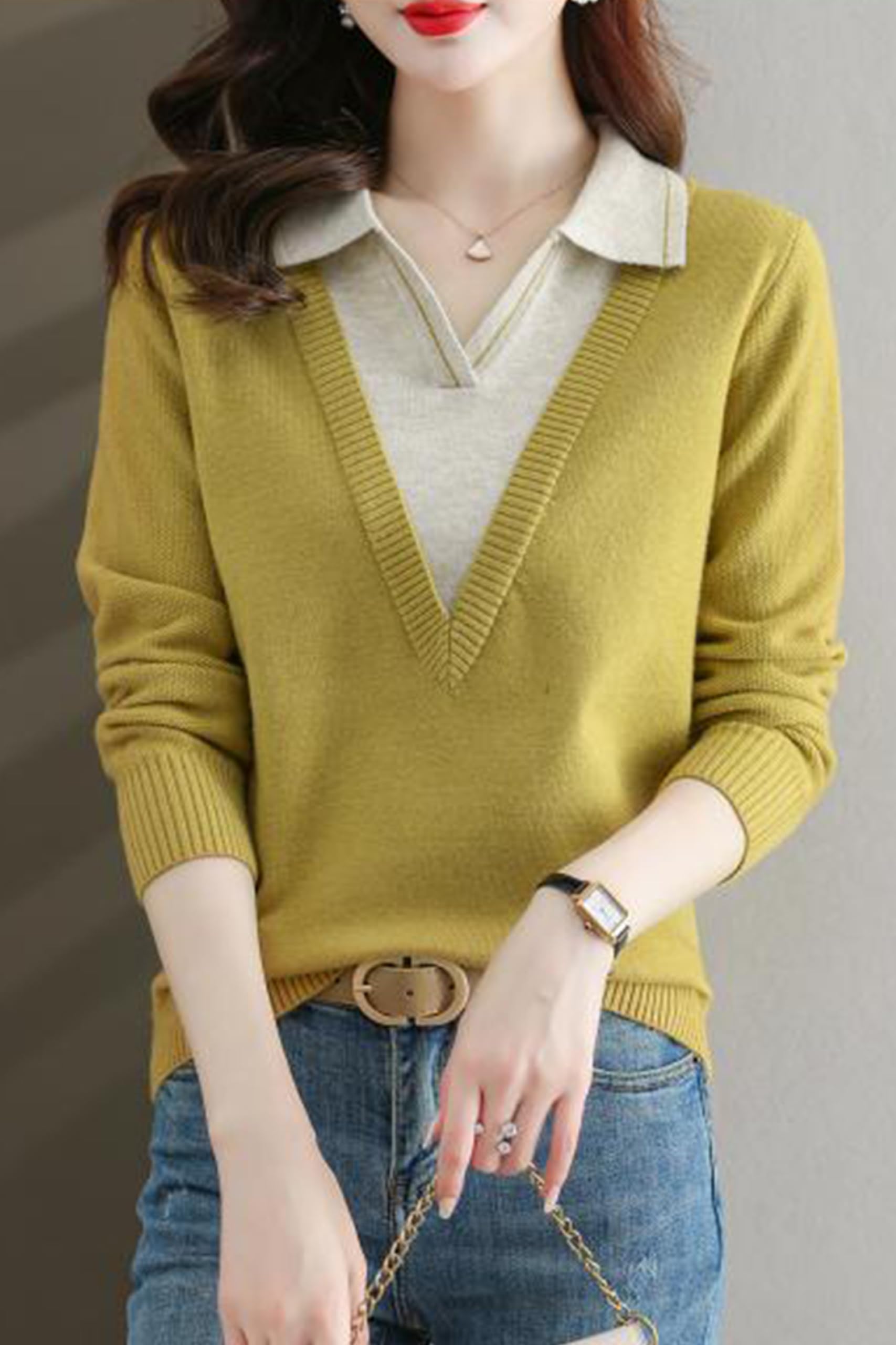 Collar Shirt V-Neck Patchwork Blouse Top - LAI MENG FIVE CATS