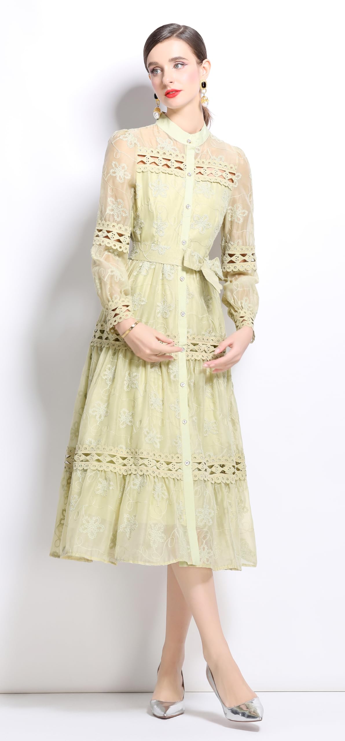 BK-Womens Lace Tulle Hollow Elegant Midi Dress - LAI MENG FIVE CATS