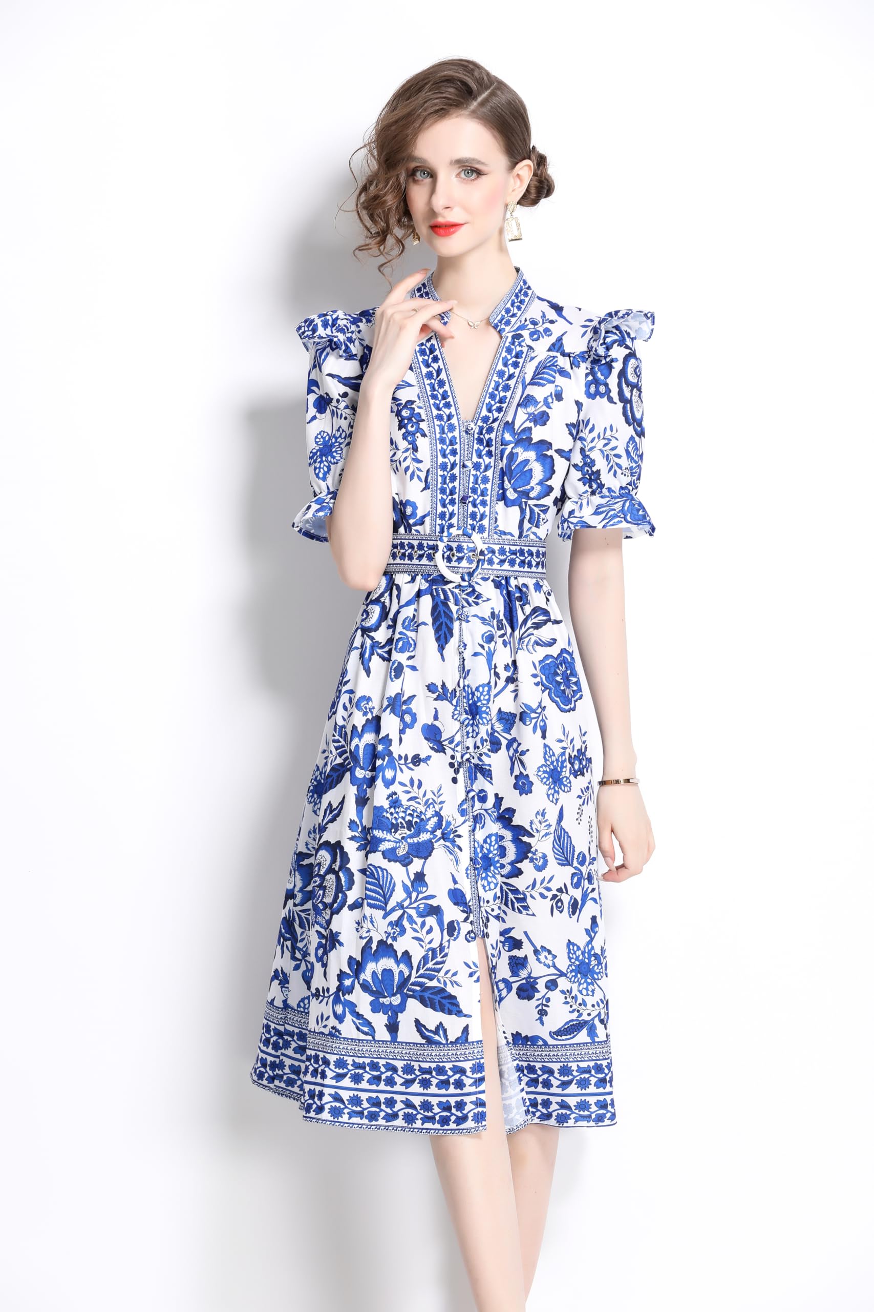 BK-Short Puff Sleeve Floral Midi Dress - LAI MENG FIVE CATS