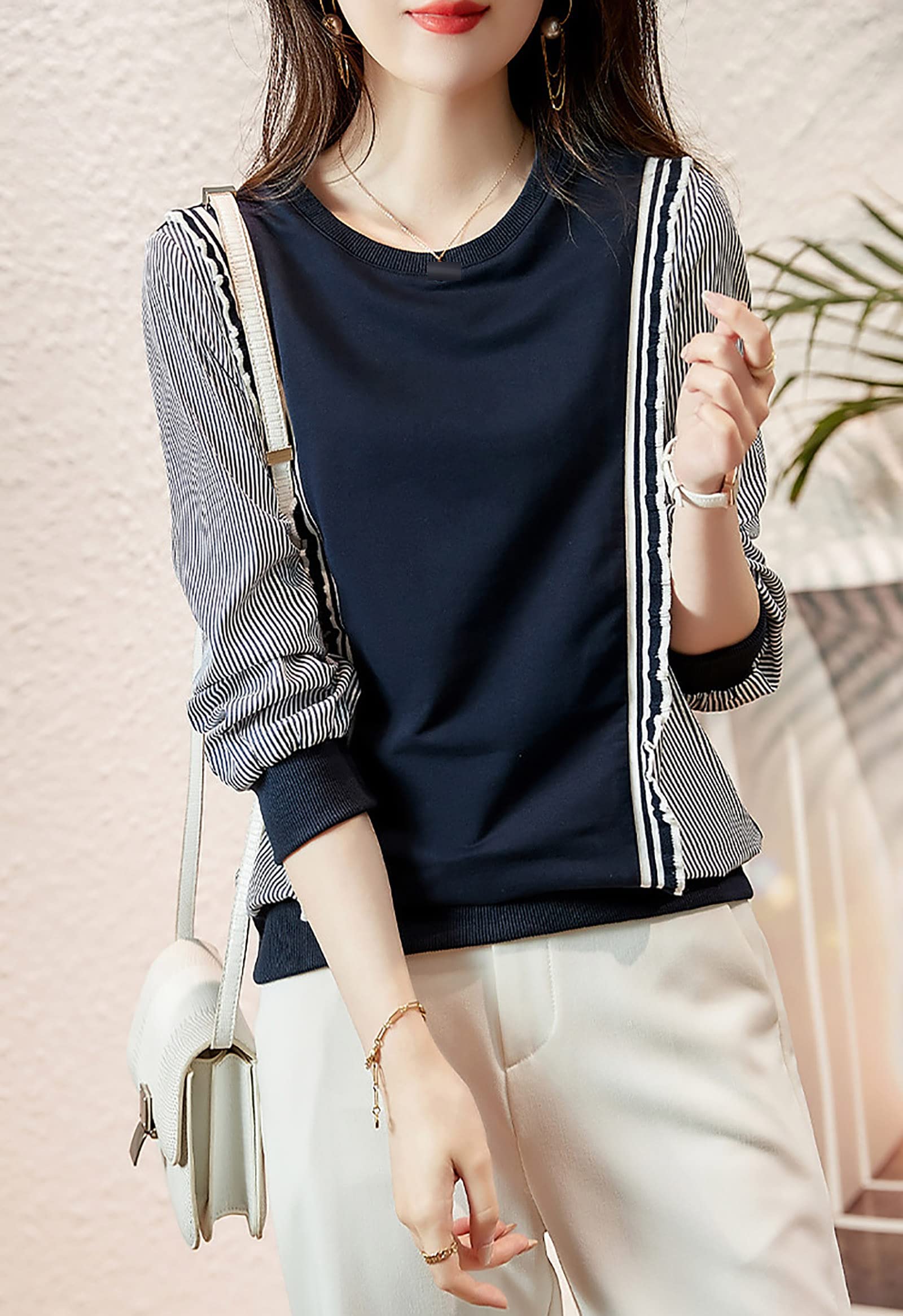 Pullover Patchwork Stripe Blouse Knit Tops - LAI MENG FIVE CATS