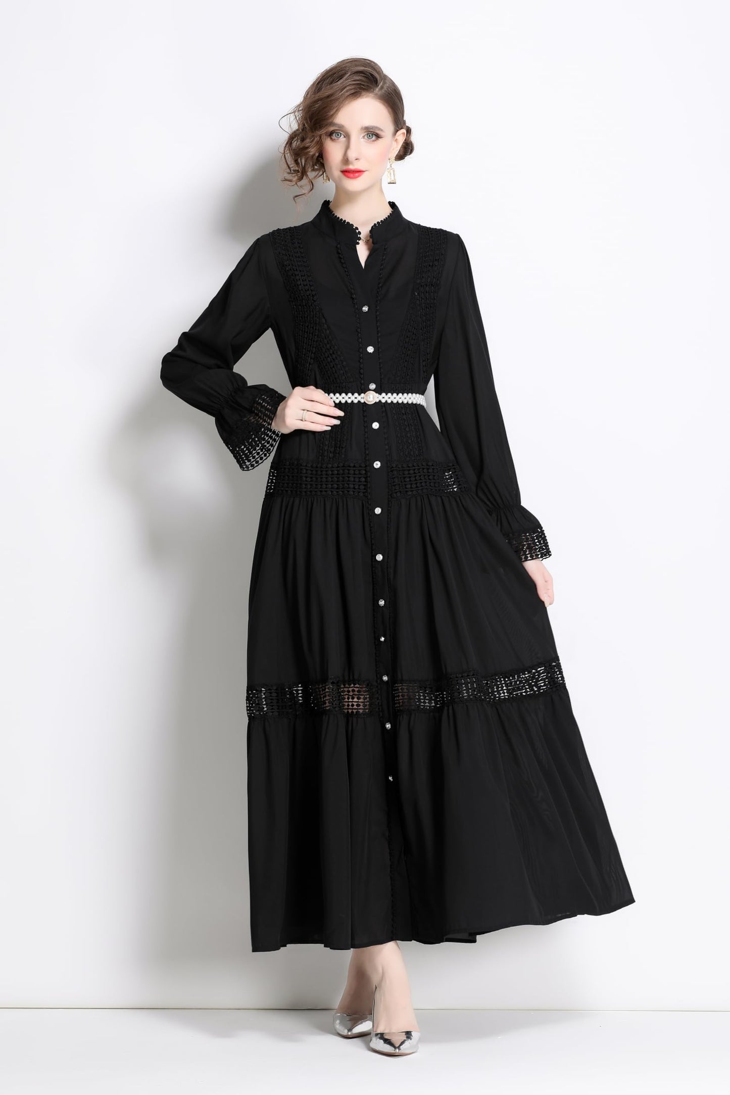 Womens Hollow A Line Maxi Dress With Belt - LAI MENG FIVE CATS