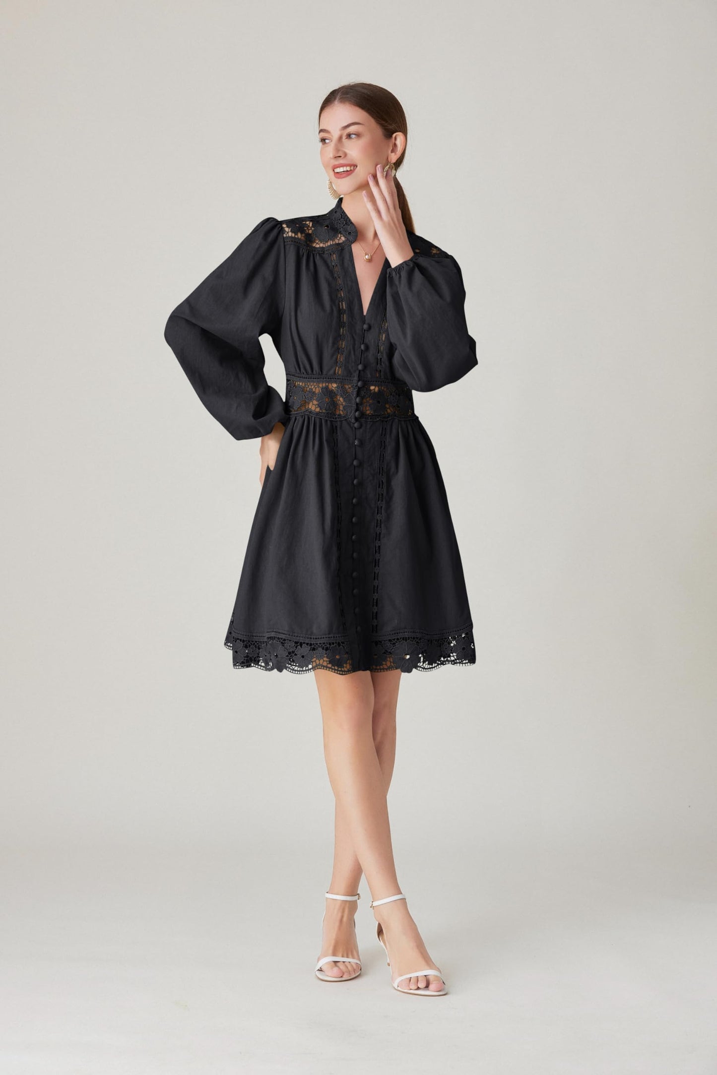BK-Lace Lantern Long Sleeve Mini Dress - LAI MENG FIVE CATS