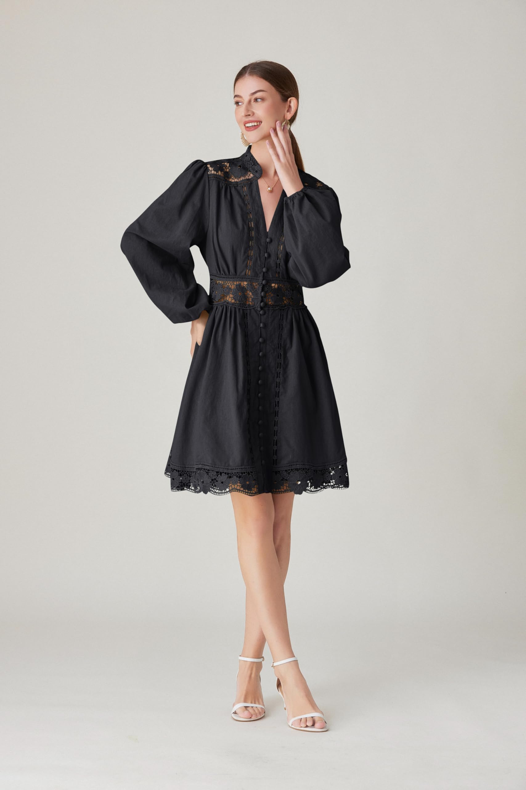 BK-Lace Lantern Long Sleeve Mini Dress - LAI MENG FIVE CATS