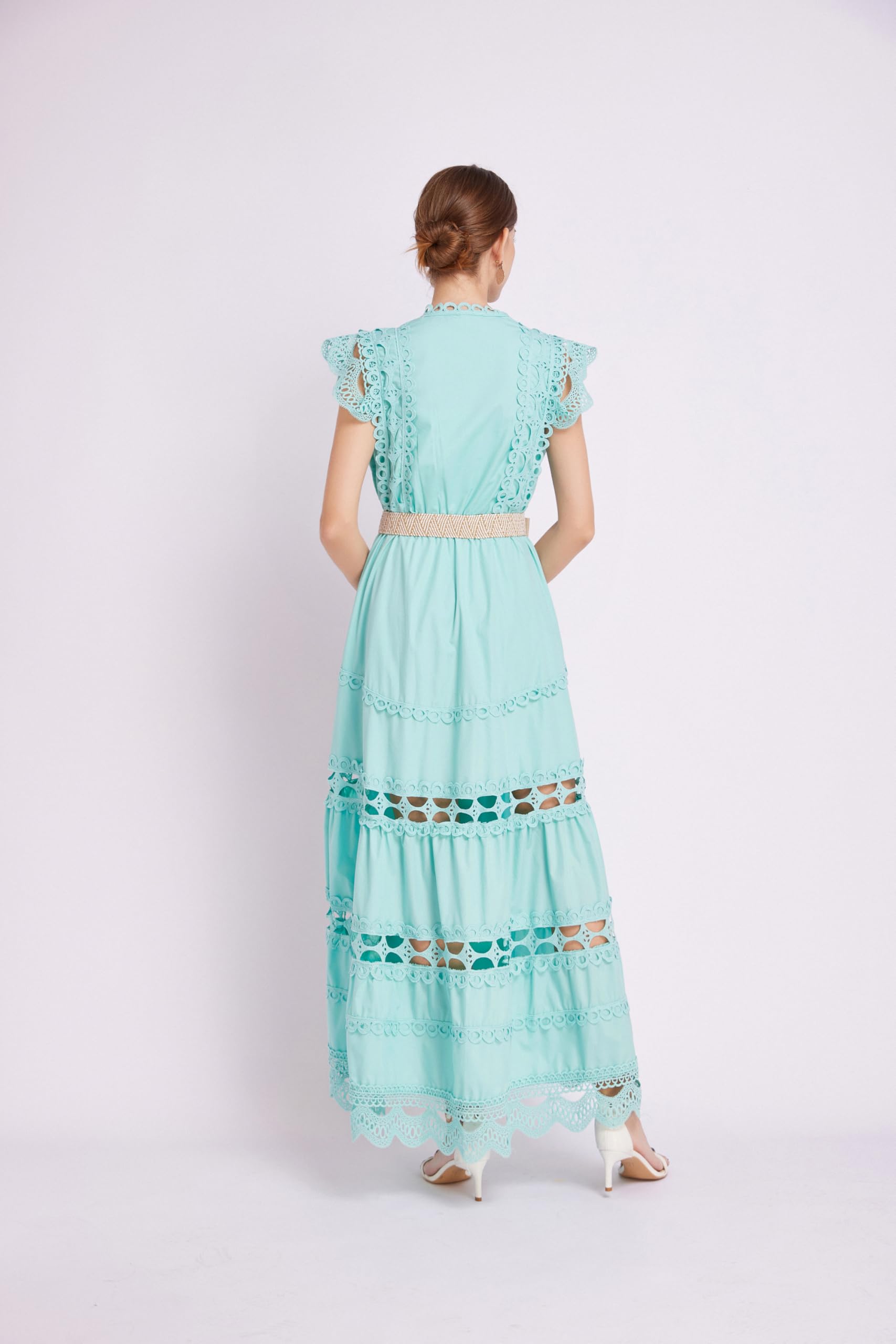 BK-Womens Lace Hollow Ruffled  Maxi  Dress - LAI MENG FIVE CATS